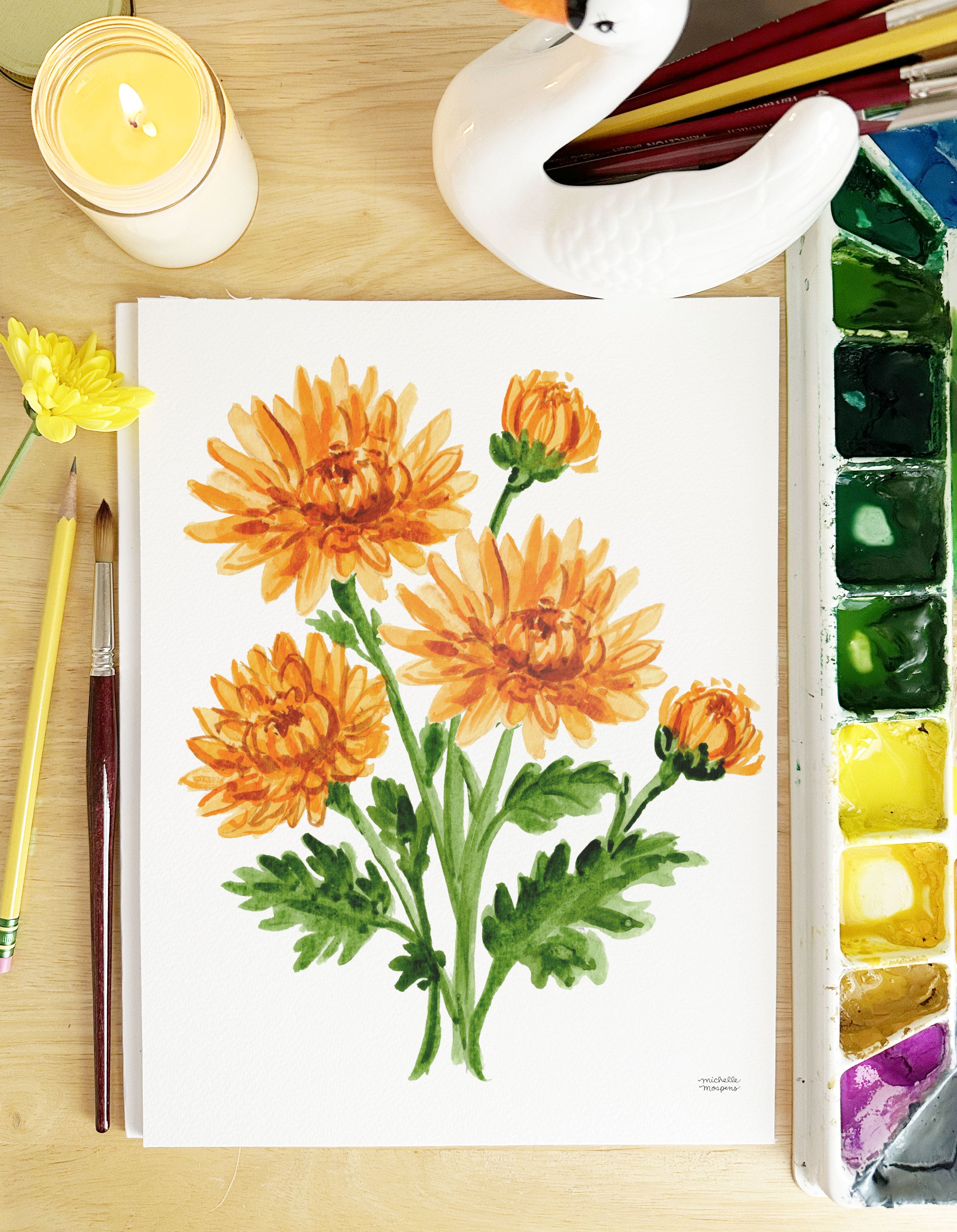 Orange Mum Flowers Botanical Floral Watercolor Wall Art Print by Michelle Mospens