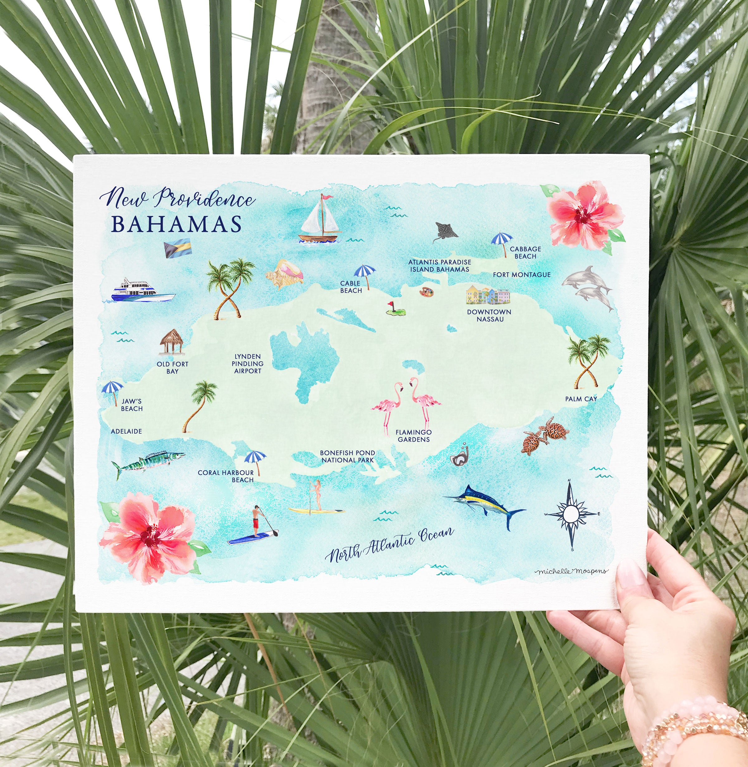 Nassau Bahamas New Providence Watercolor Illustrated Map Art Print, Unframed