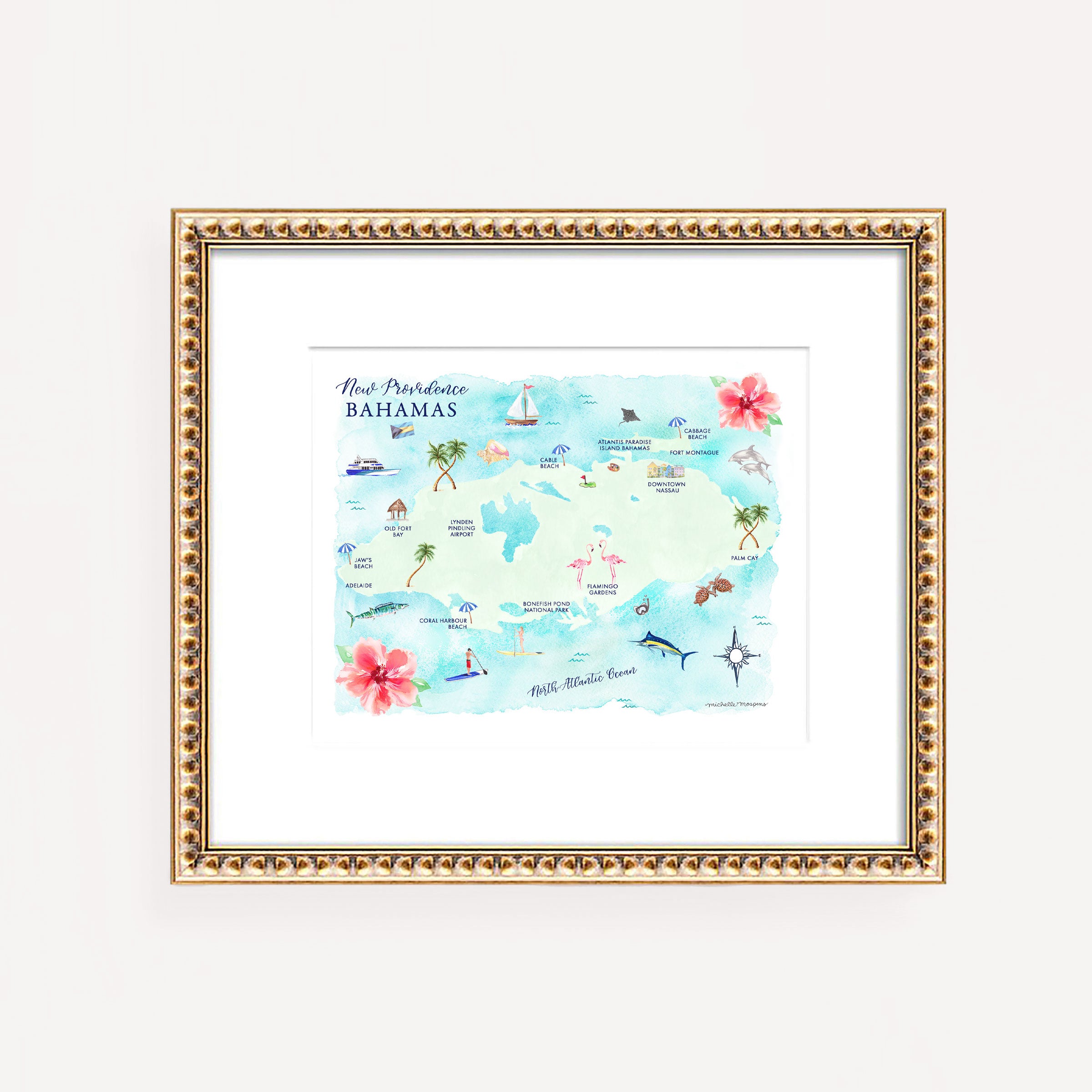 Nassau Bahamas New Providence Watercolor Illustrated Map Art Print, Unframed