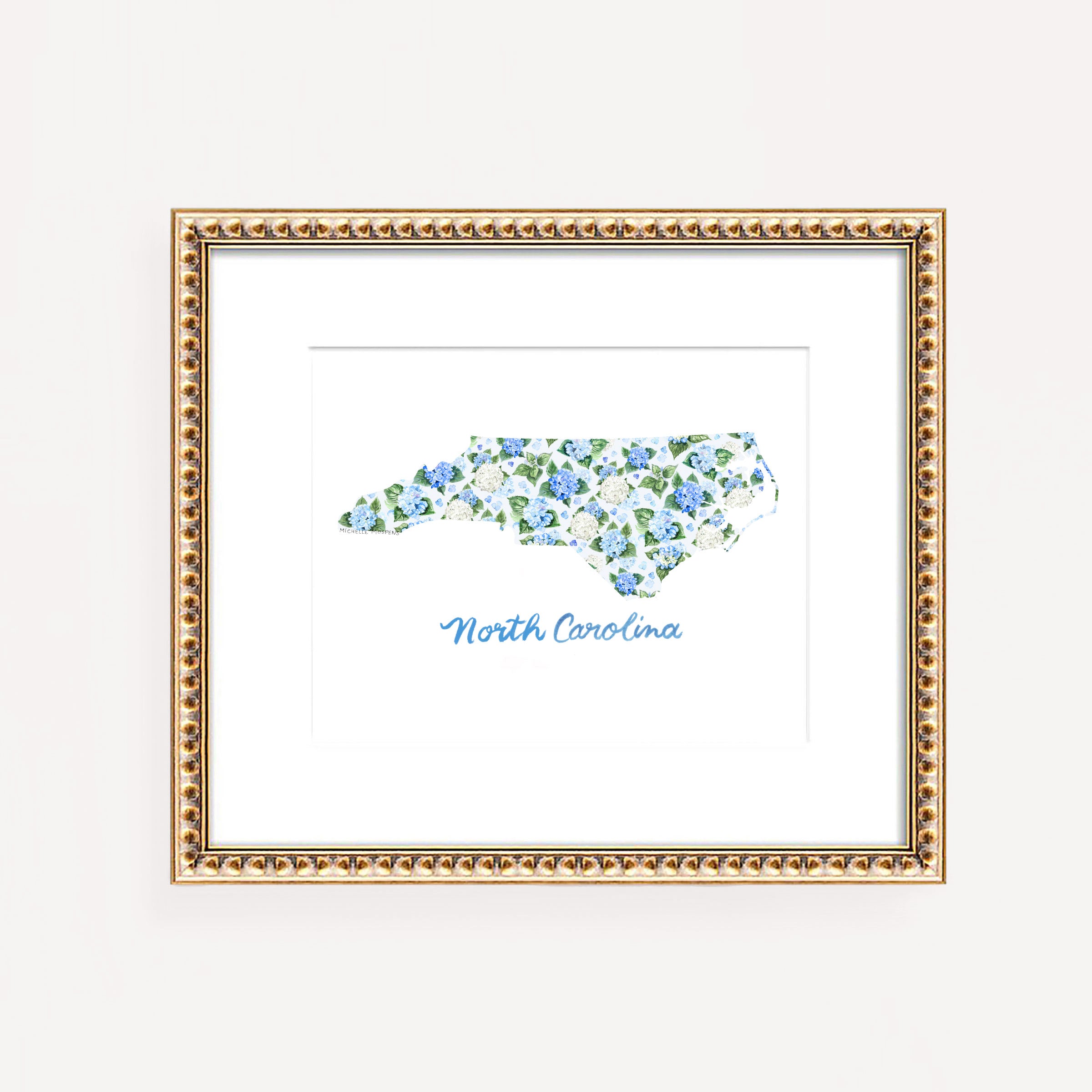 Watercolor hydrangea floral map of North Carolina on a white coverstock, unframed, cute North Carolina gift