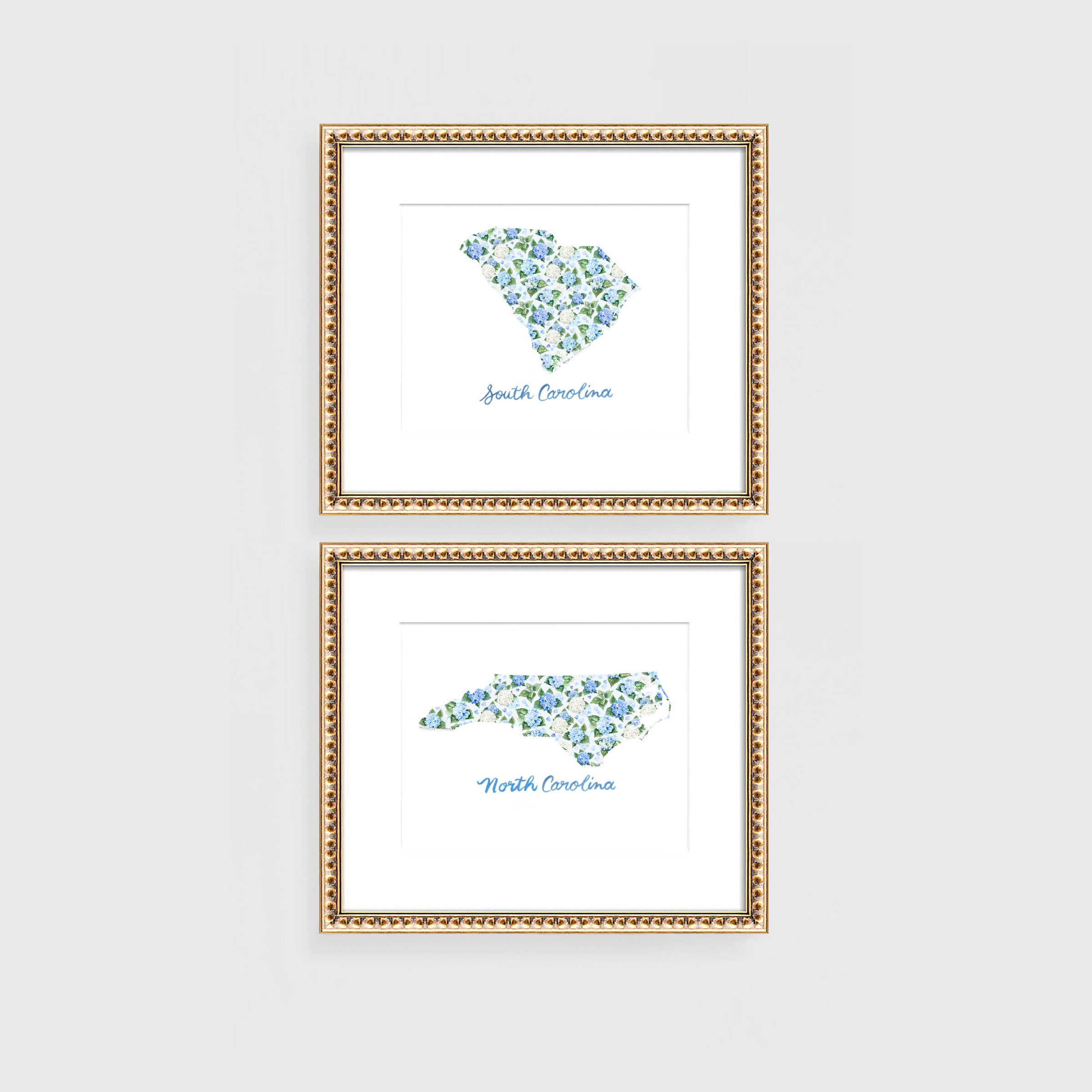 Watercolor hydrangea floral map of South and North Carolina on a white coverstock, unframed, cute South and North Carolina gift
