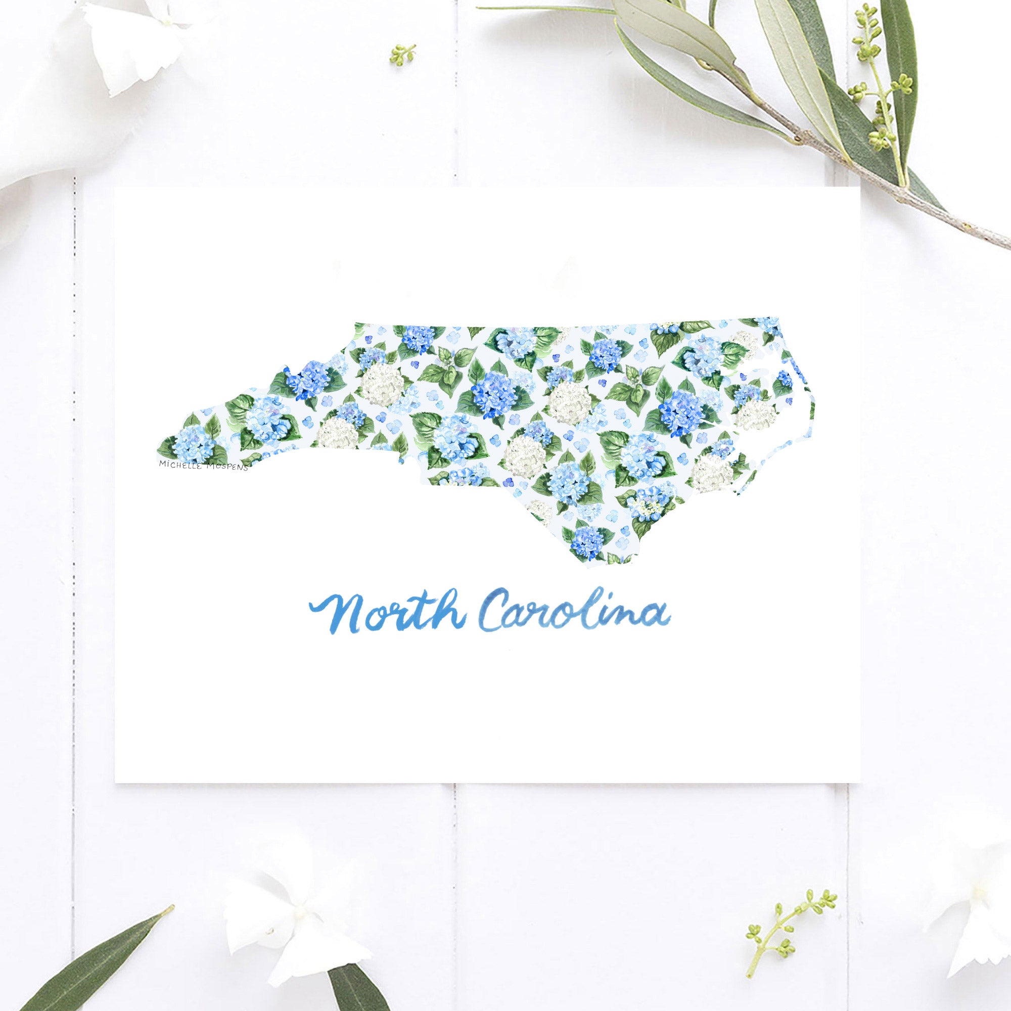 Watercolor hydrangea floral map of North Carolina on a white coverstock, unframed, cute North Carolina gift