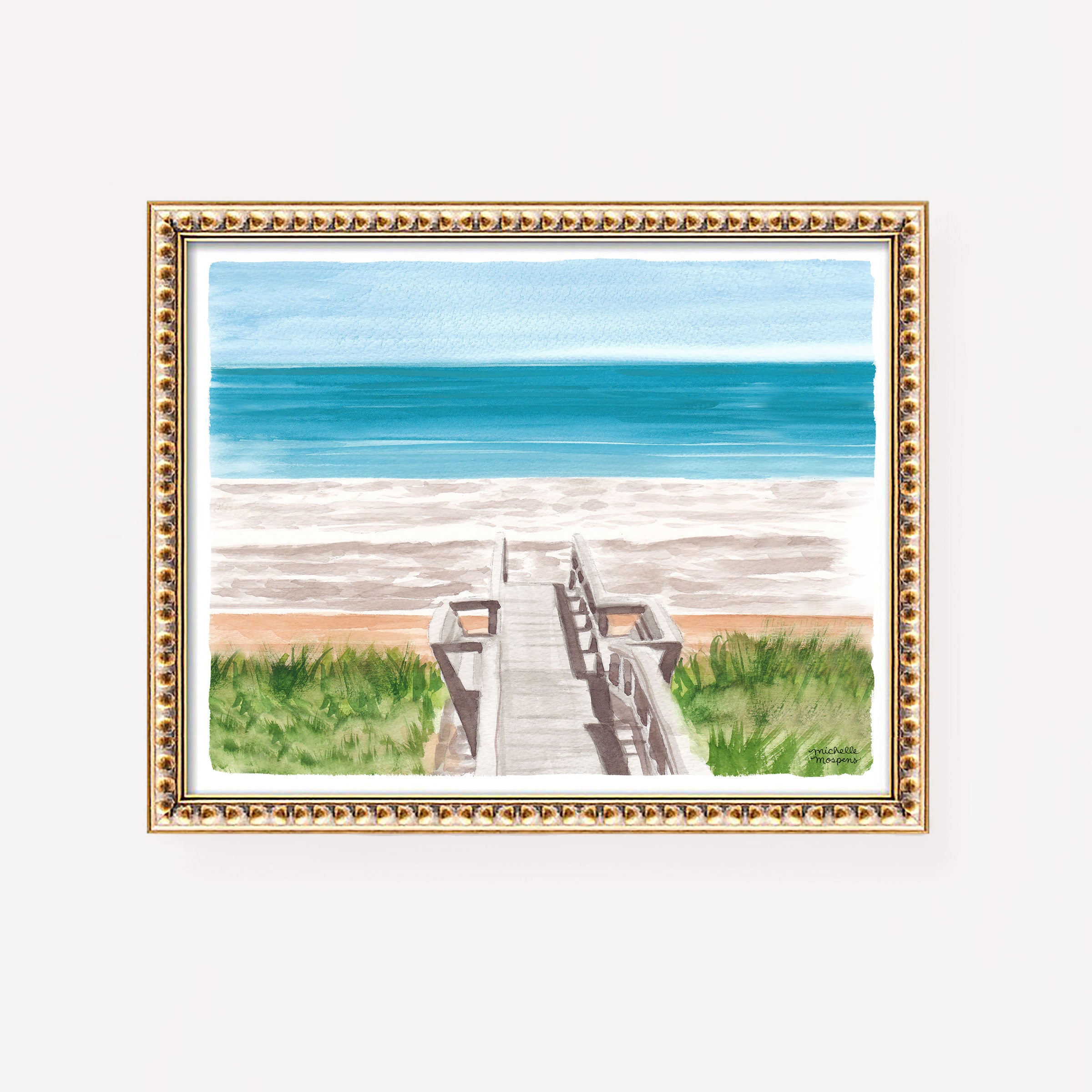 Coastal Wall Art Beach Boardwalk Print Watercolor Ocean by Michelle Mospens