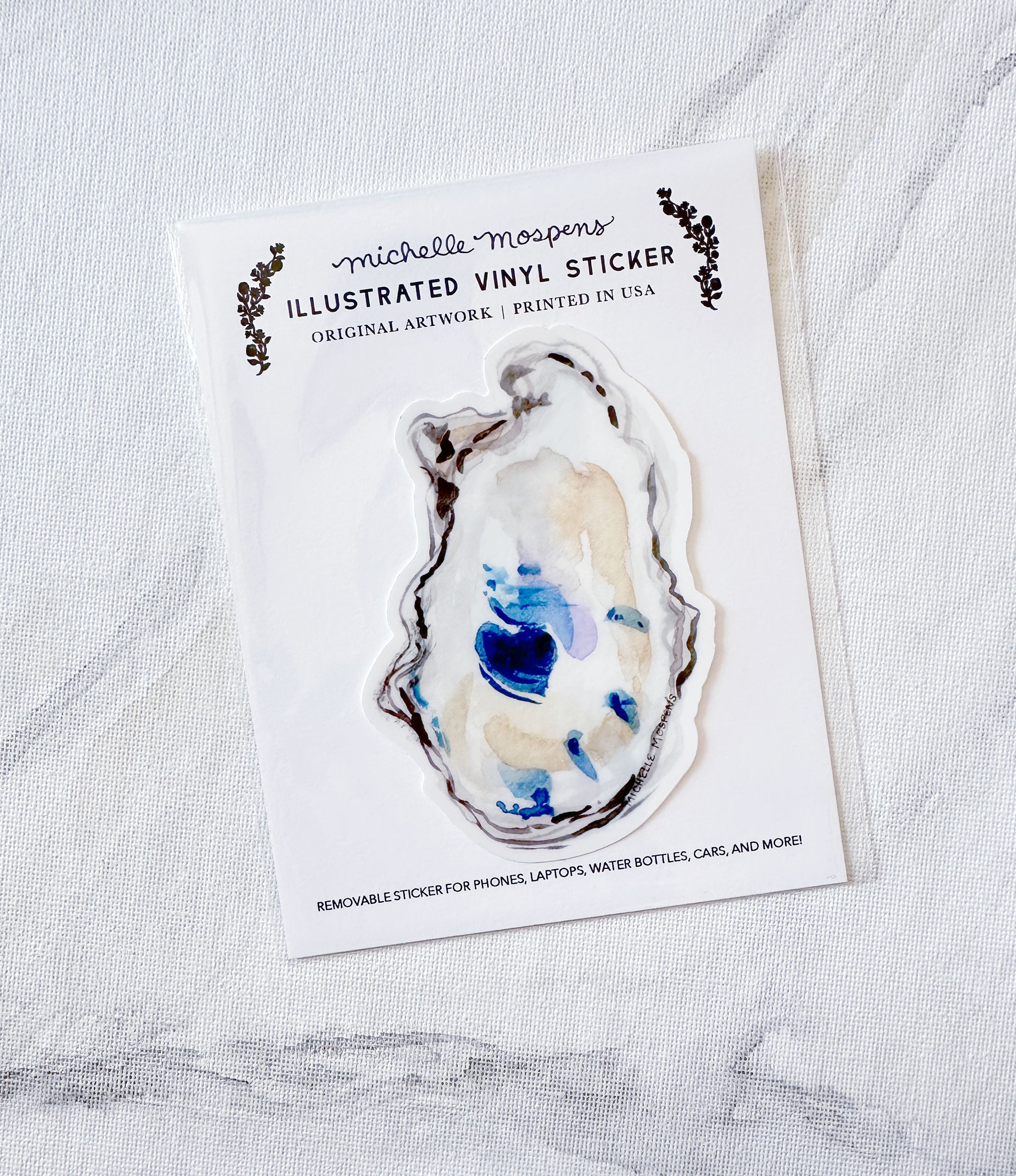 Watercolor Oyster Shell Art Die-cut Vinyl Sticker, removable, for laptops, waterbottles, cars, and more!