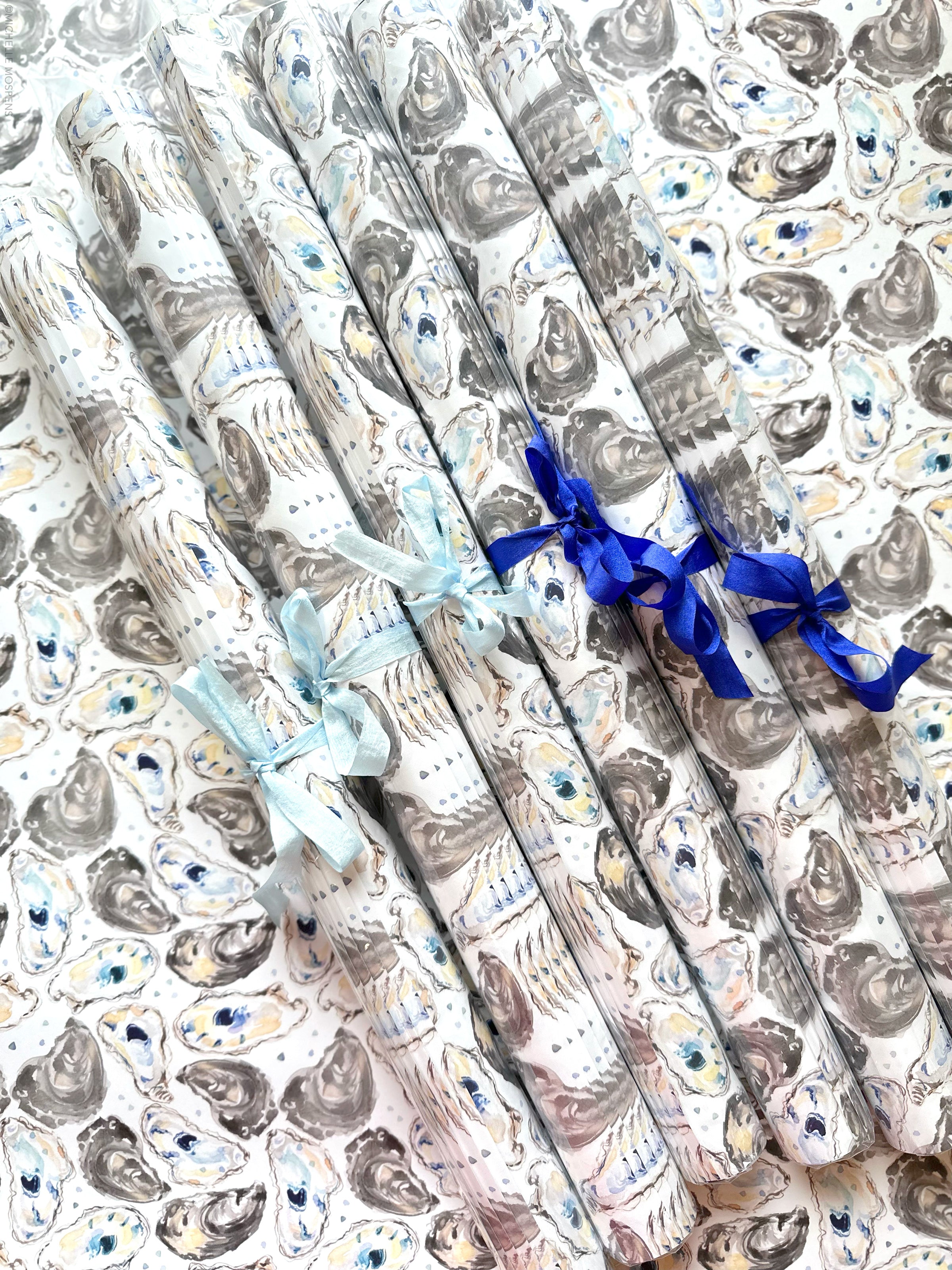 Watercolor Coastal Wrapping Paper by Michelle Mospens, Beach Oyster Shells Wrapping Paper, Holiday, Christmas, Birthday Gift Wrap