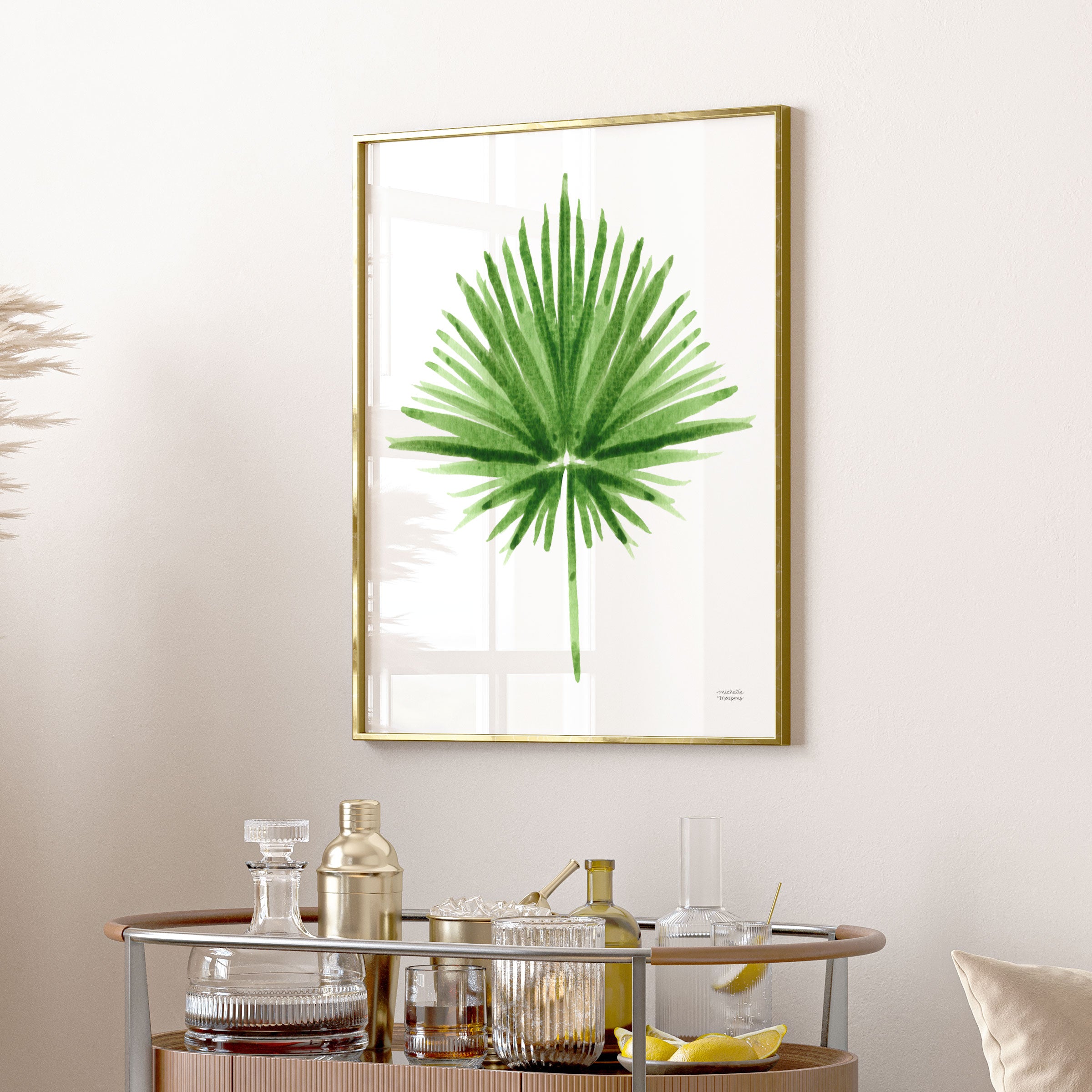 Green Palmetto Leaf Palm Frond Watercolor Wall Art Print by Michelle Mospens