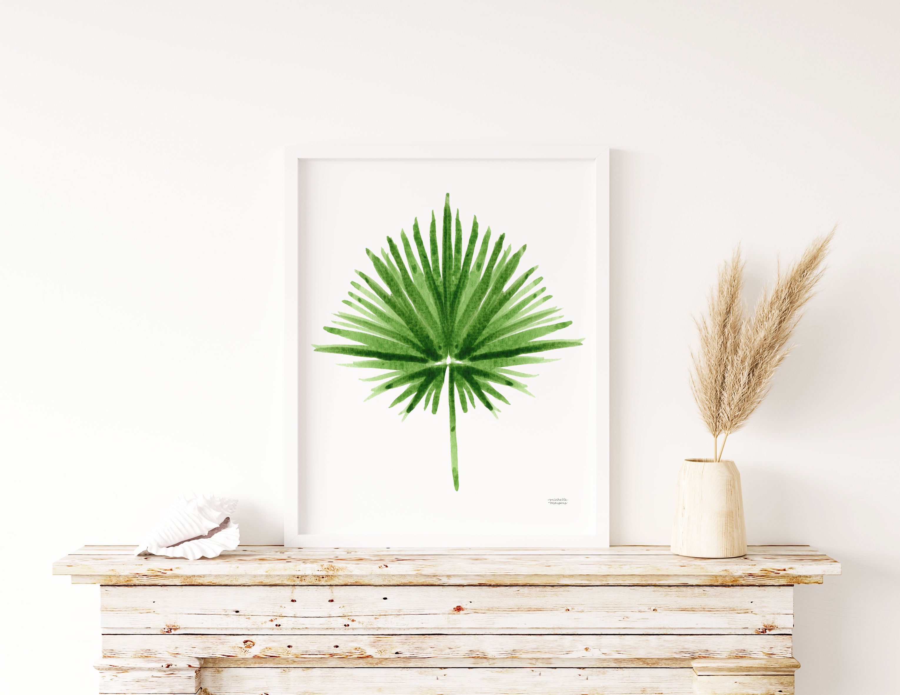 Green Palmetto Leaf Palm Frond Watercolor Wall Art Print by Michelle Mospens