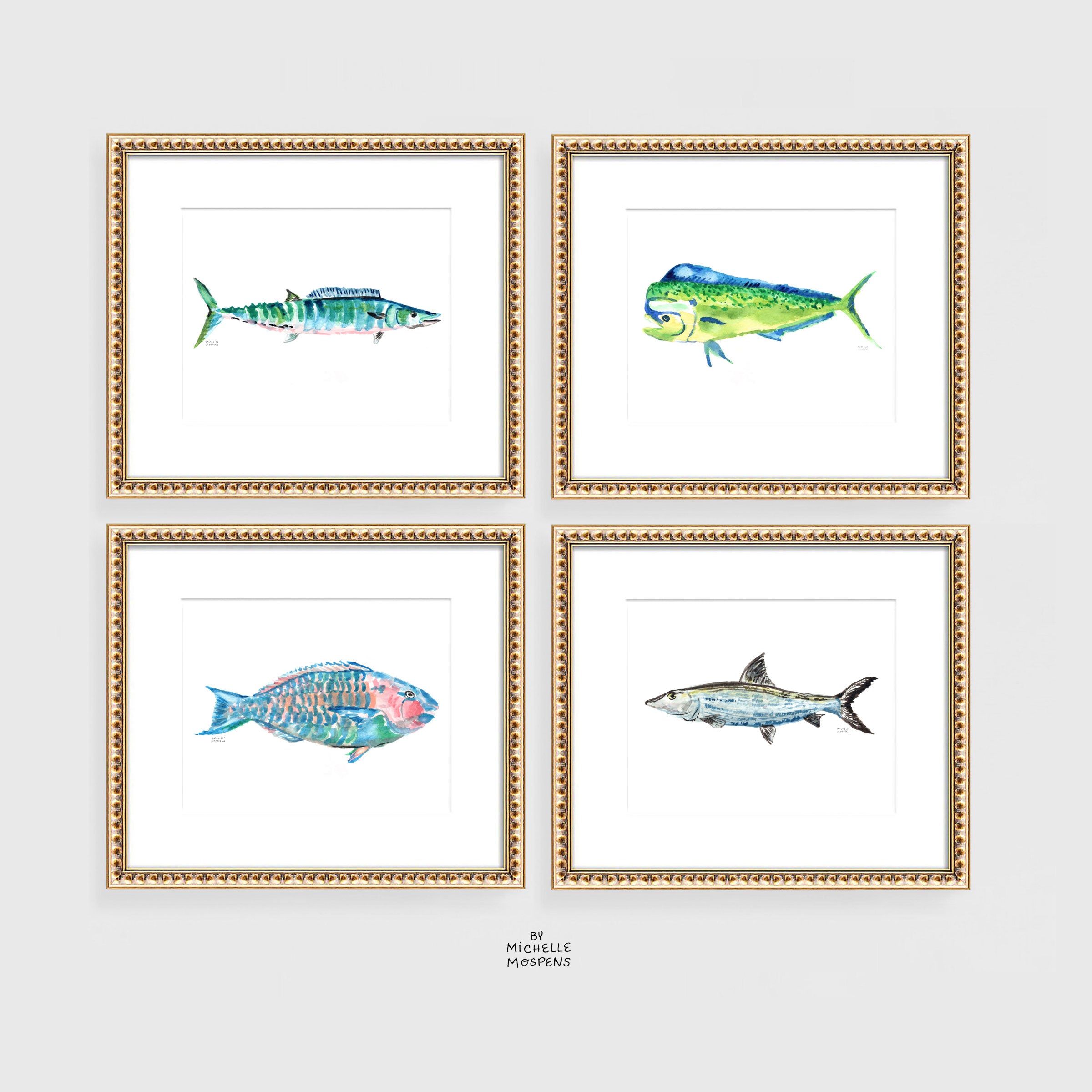 Watercolor Tropical Fish Set of 4 Wall Art Print | Michelle Mospens