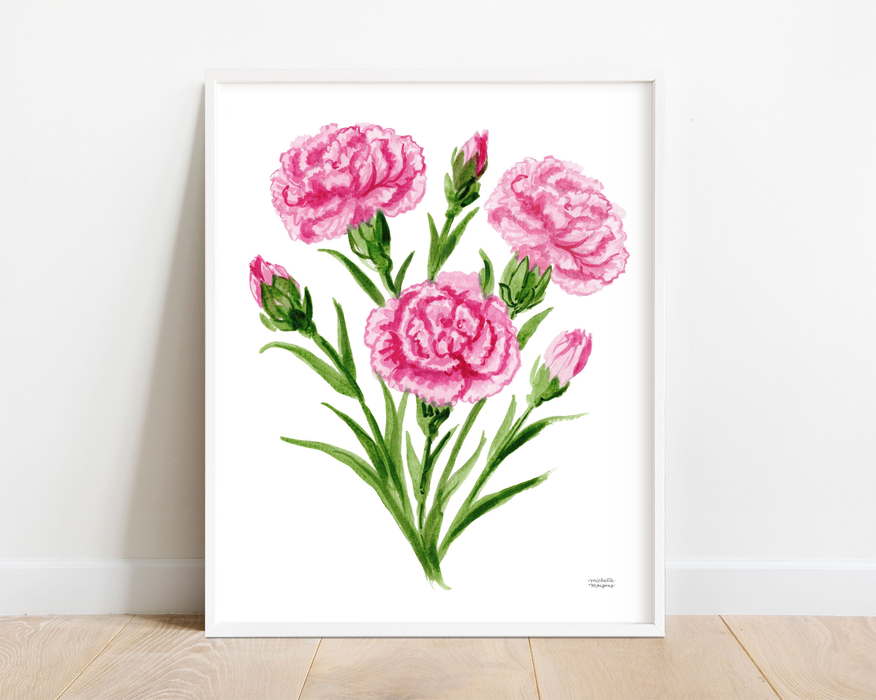 Pink Carnation Flowers Botanical Floral Watercolor Wall Art Print by Michelle Mospens