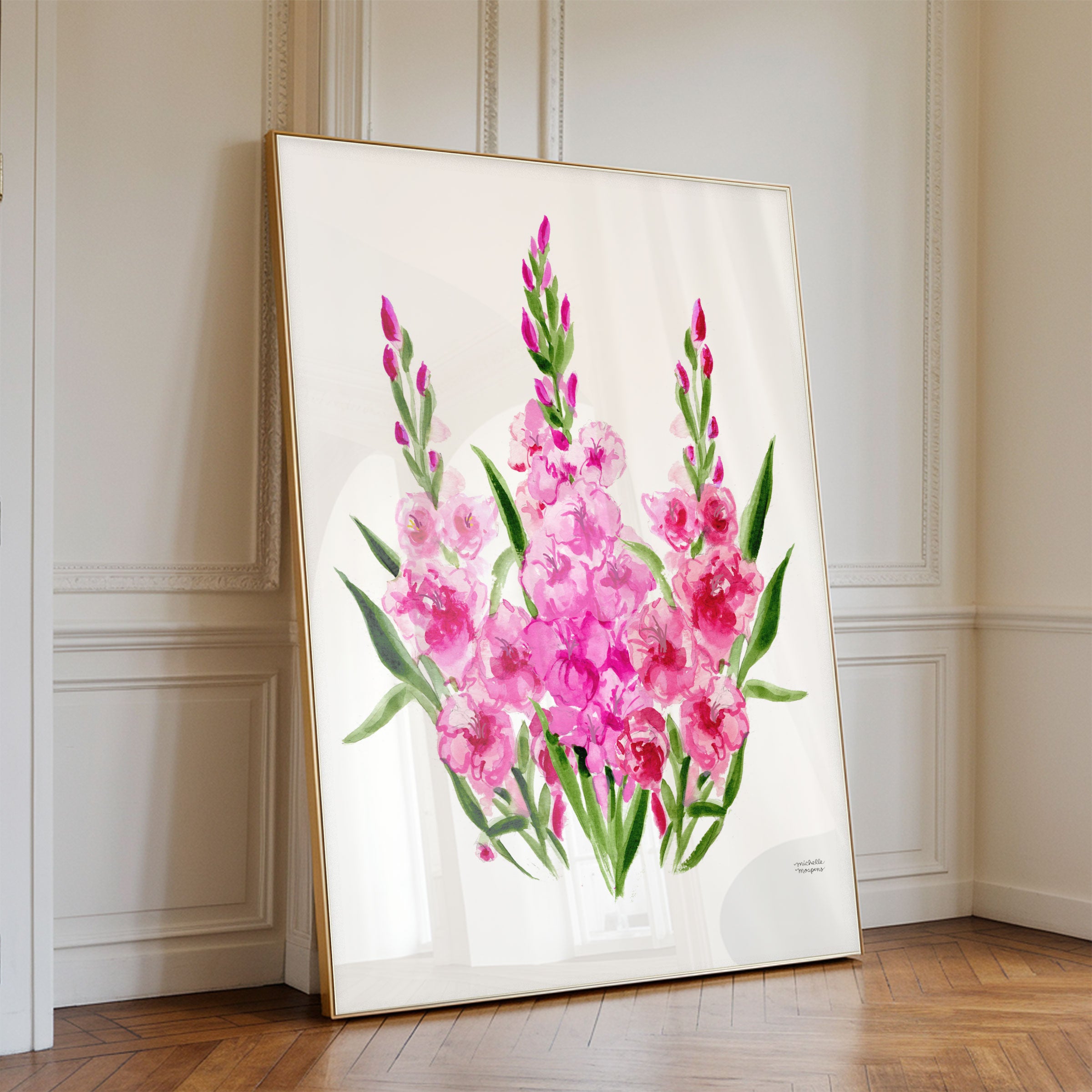 Gladiolus Flowers Botanical Floral Watercolor Wall Art Print by Michelle Mospens
