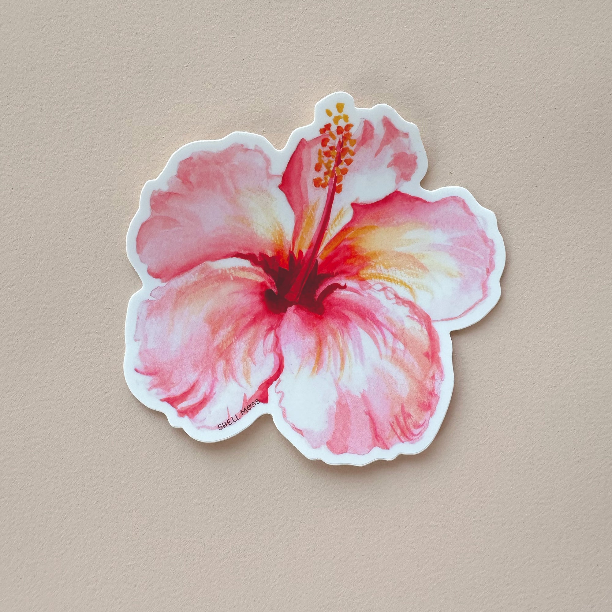 Watercolor Illustrated Pink Hibiscus Flower Die-cut Vinyl Sticker, removable, for laptops, waterbottles, cars, and more!