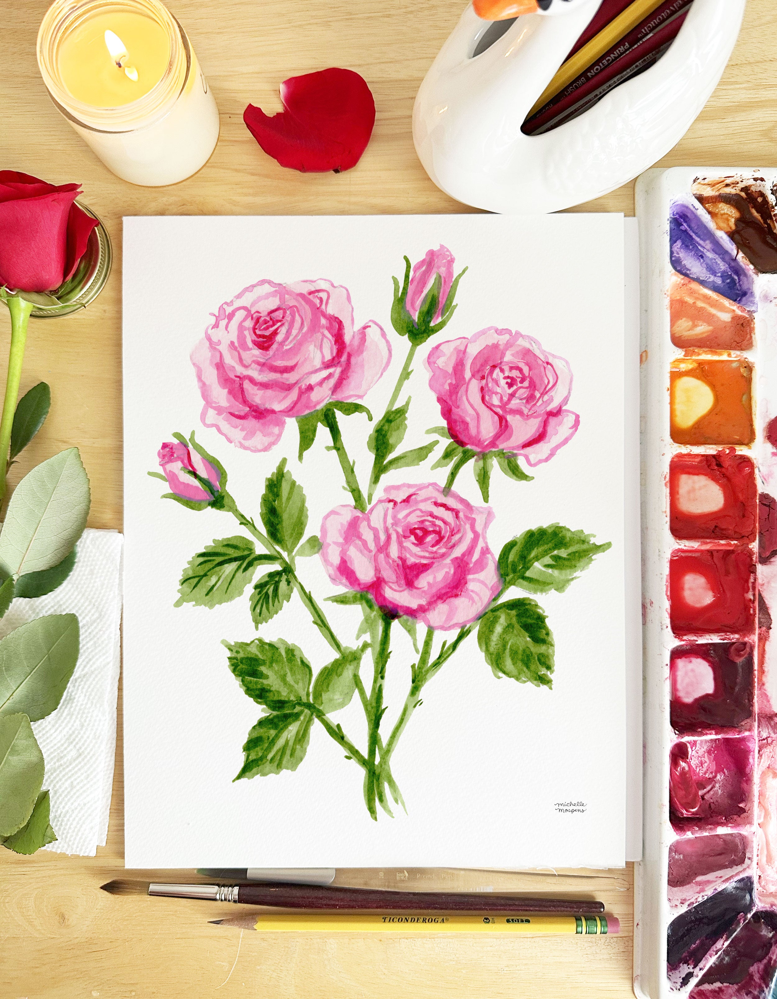 Pink Roses Flowers Botanical Floral Watercolor Wall Art Print by Michelle Mospens