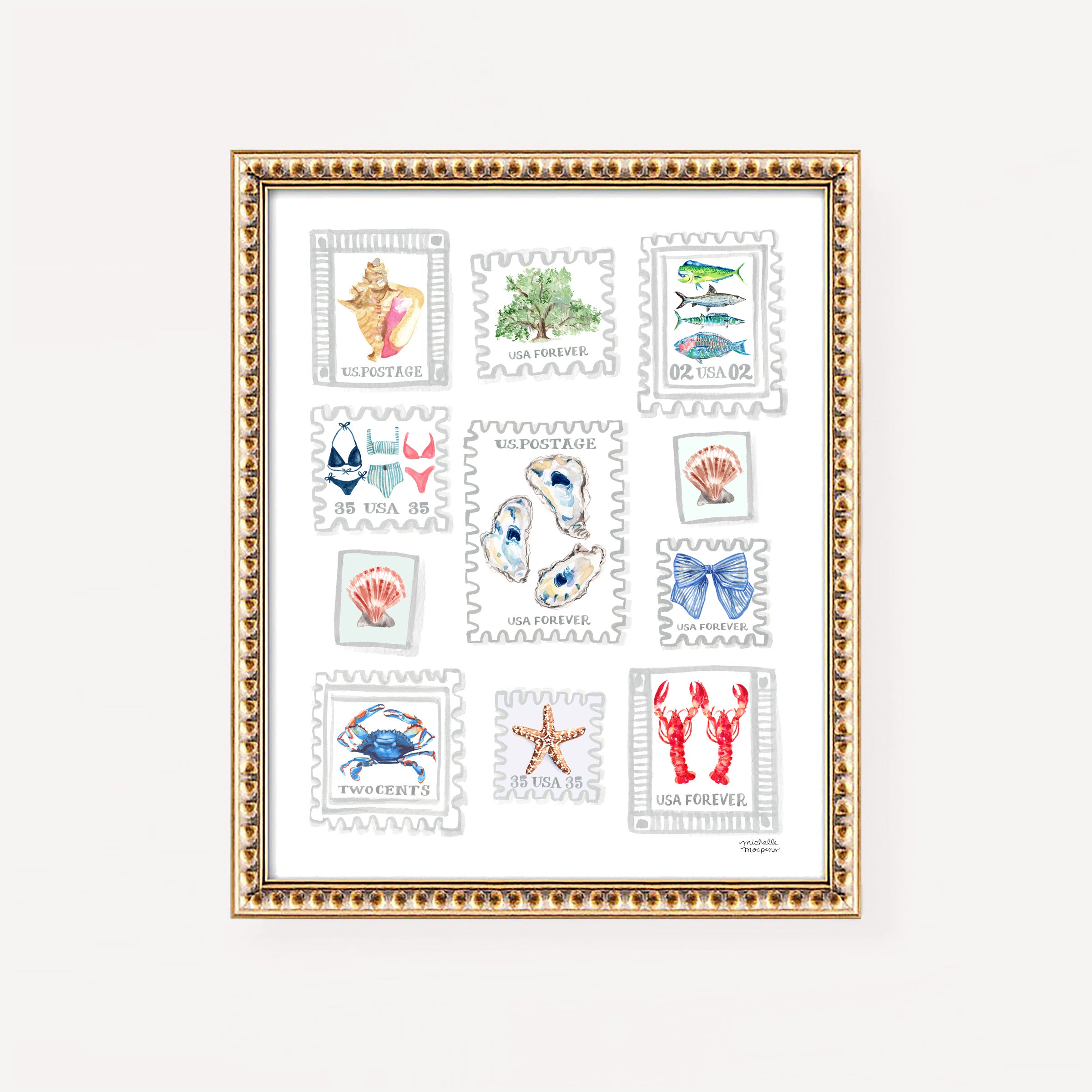 Watercolor beach wall artwork with postage stamp designs featuring various nautical sea creatures on a white background.