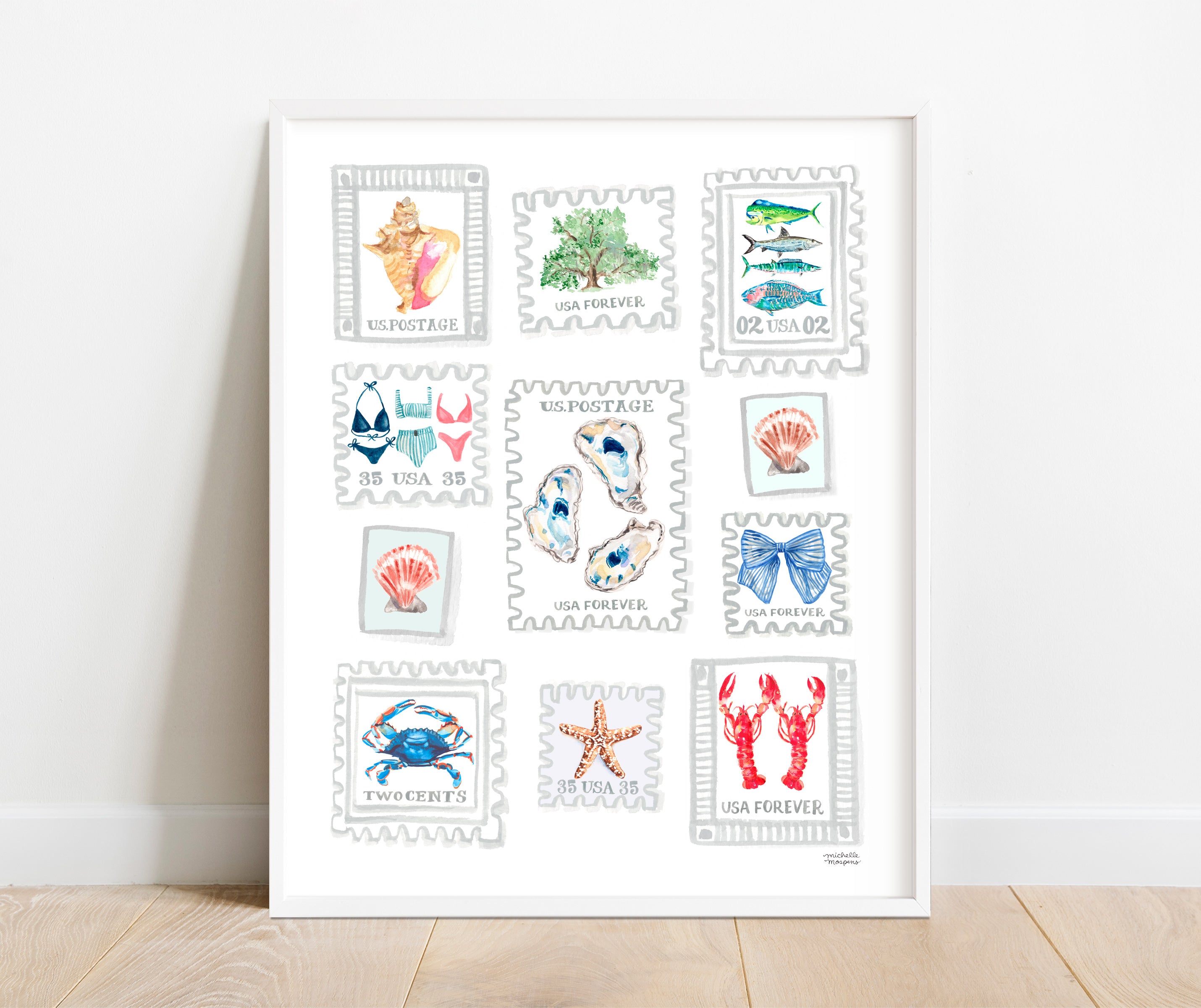 Watercolor beach wall artwork with postage stamp designs featuring various nautical sea creatures on a white background.