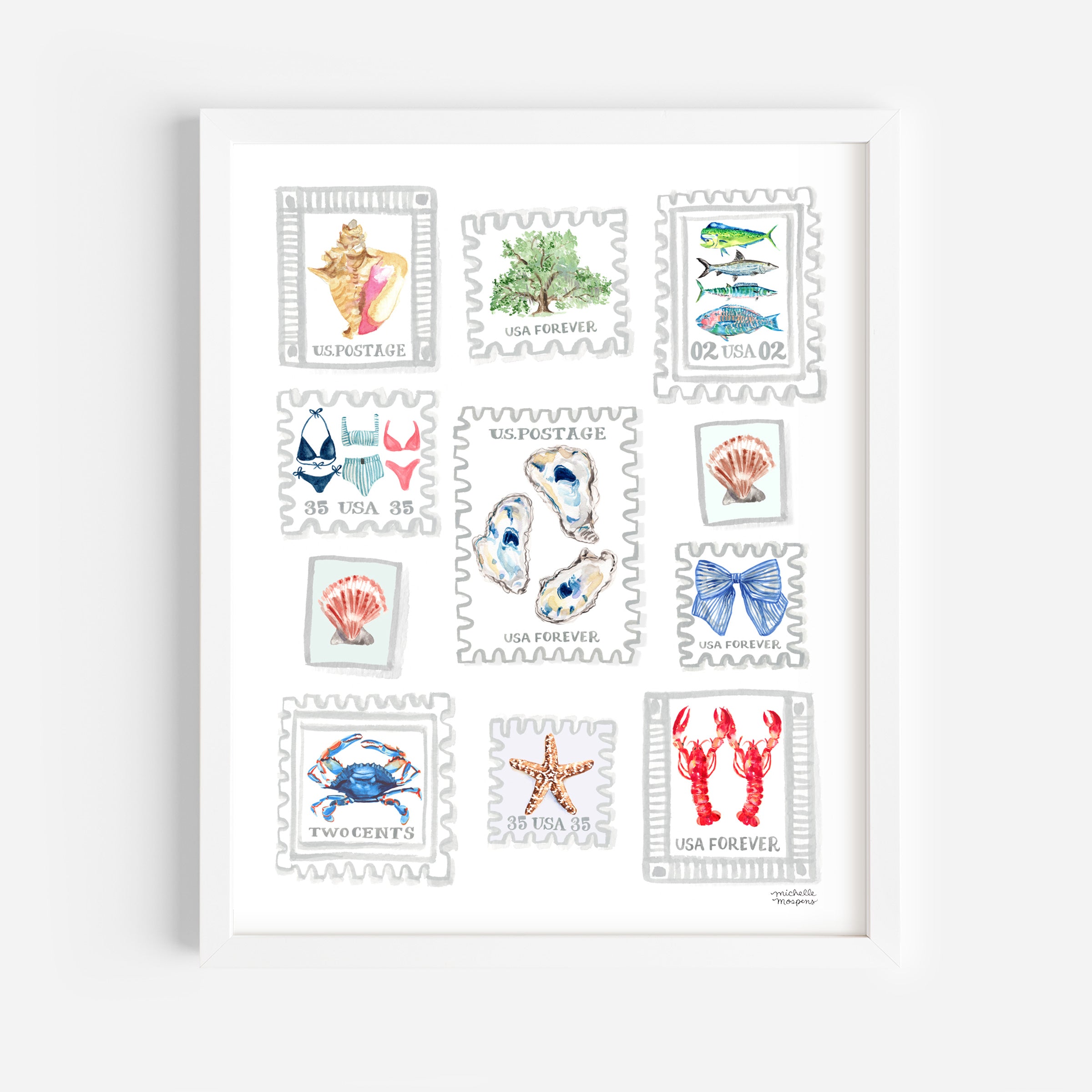 Watercolor beach wall artwork with postage stamp designs featuring various nautical sea creatures on a white background.
