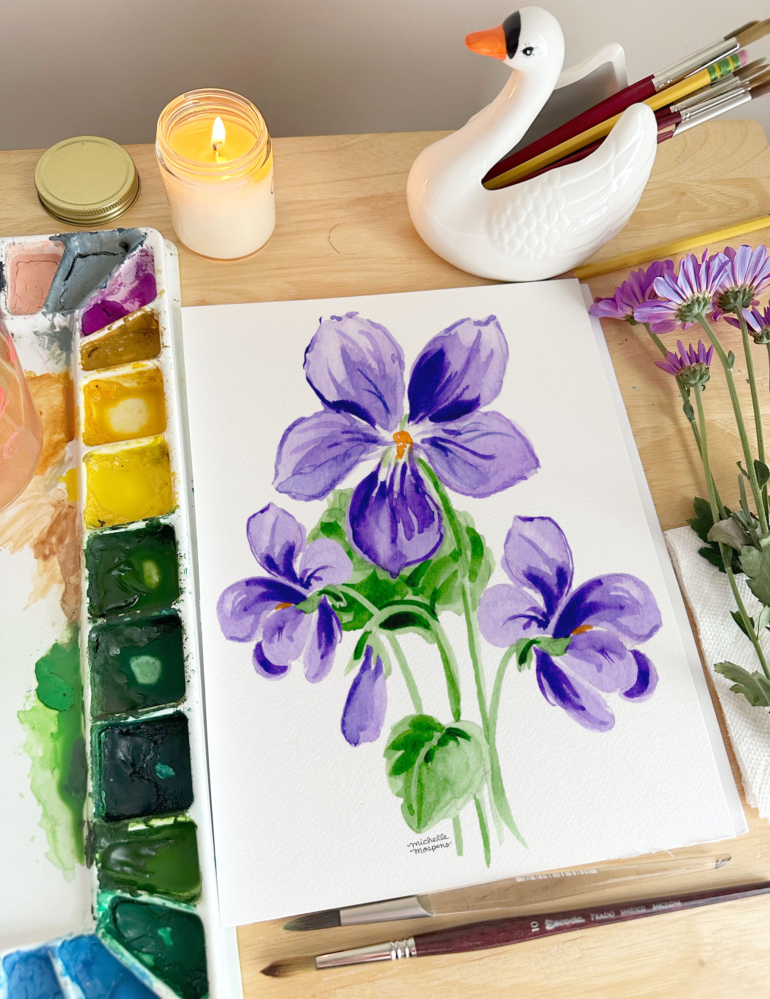 Violet Flowers Botanical Floral Watercolor Wall Art Print by Michelle Mospens