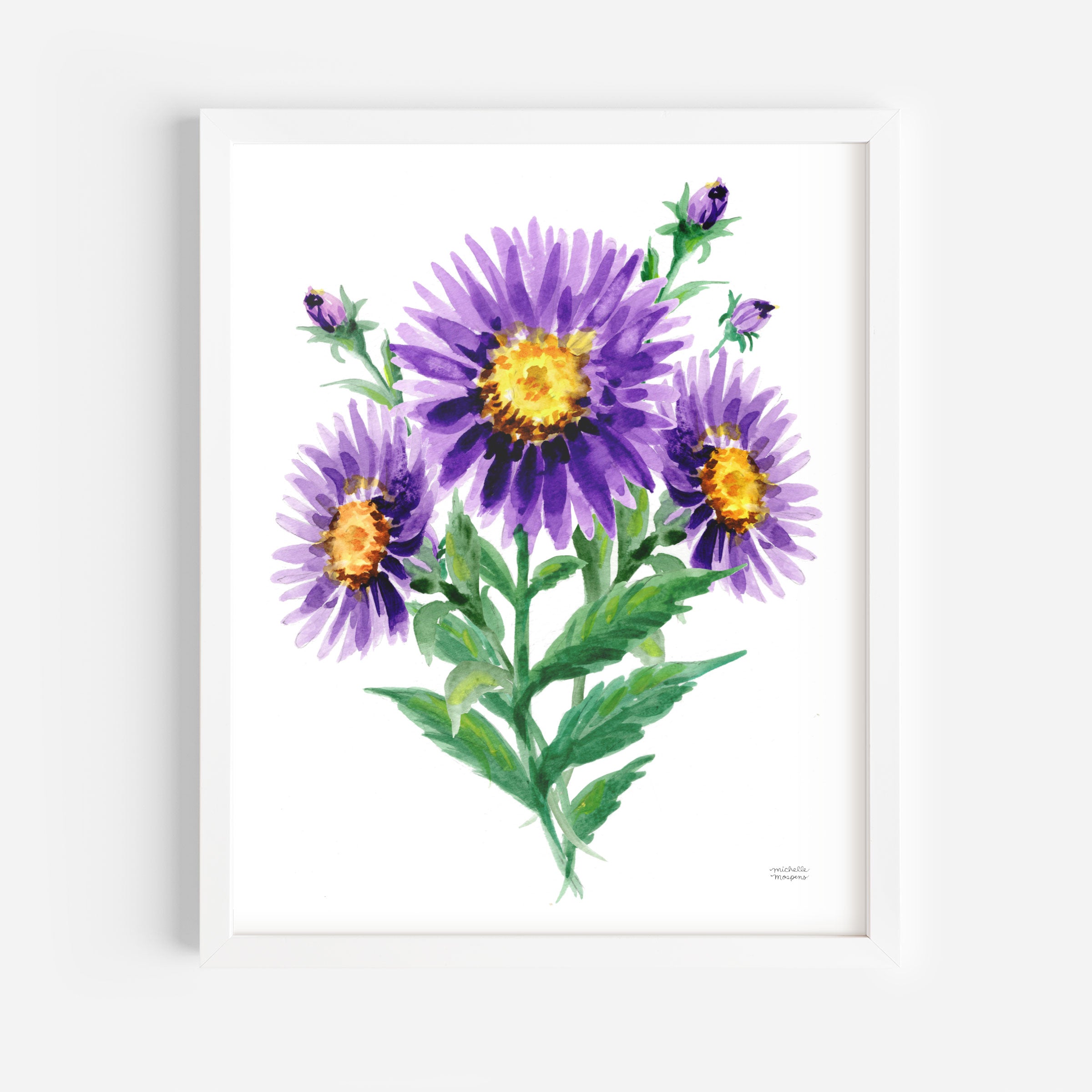Purple Aster Flowers Botanical Floral Watercolor Wall Art Print by Michelle Mospens