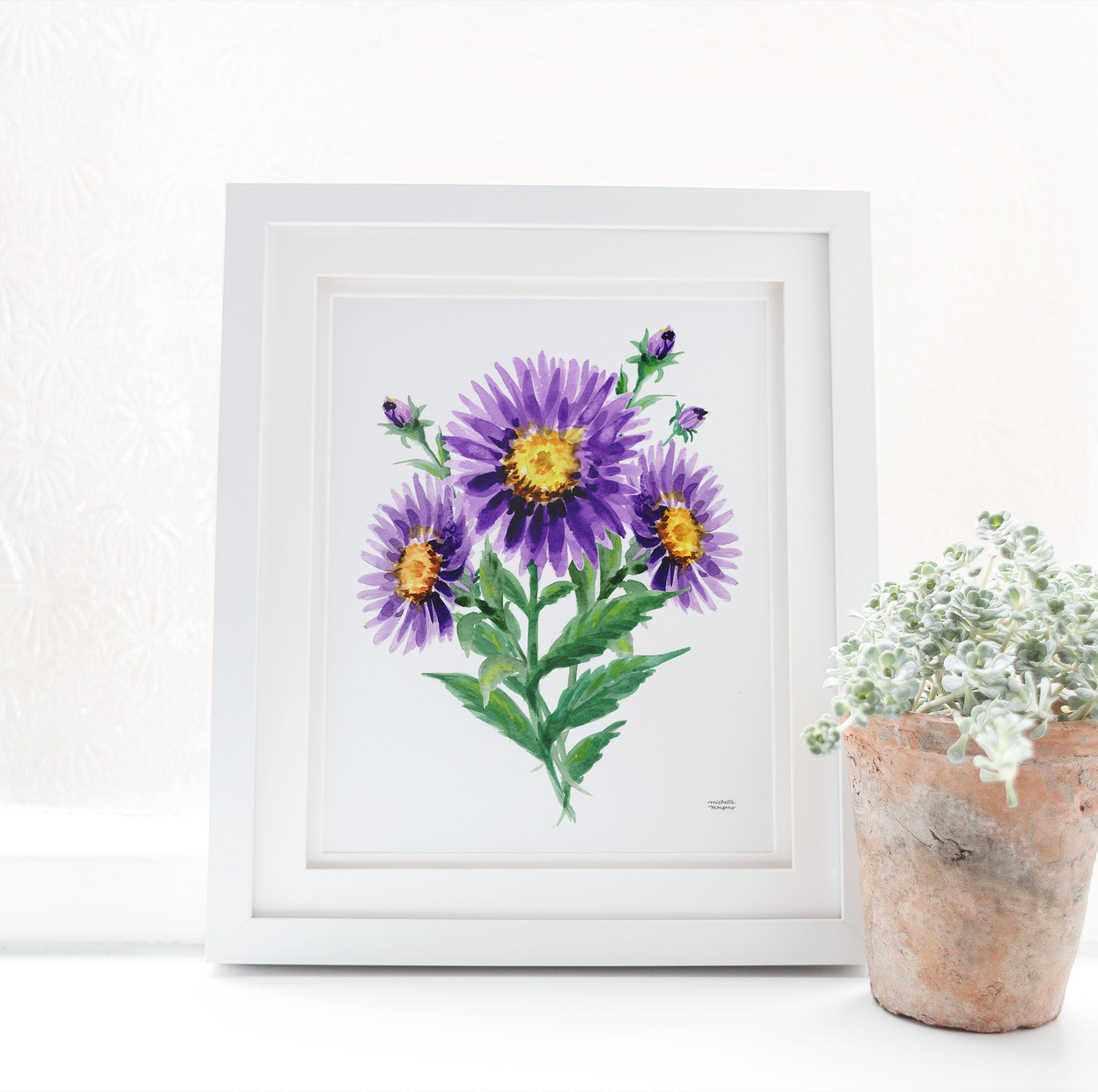 Purple Aster Flowers Botanical Floral Watercolor Wall Art Print by Michelle Mospens