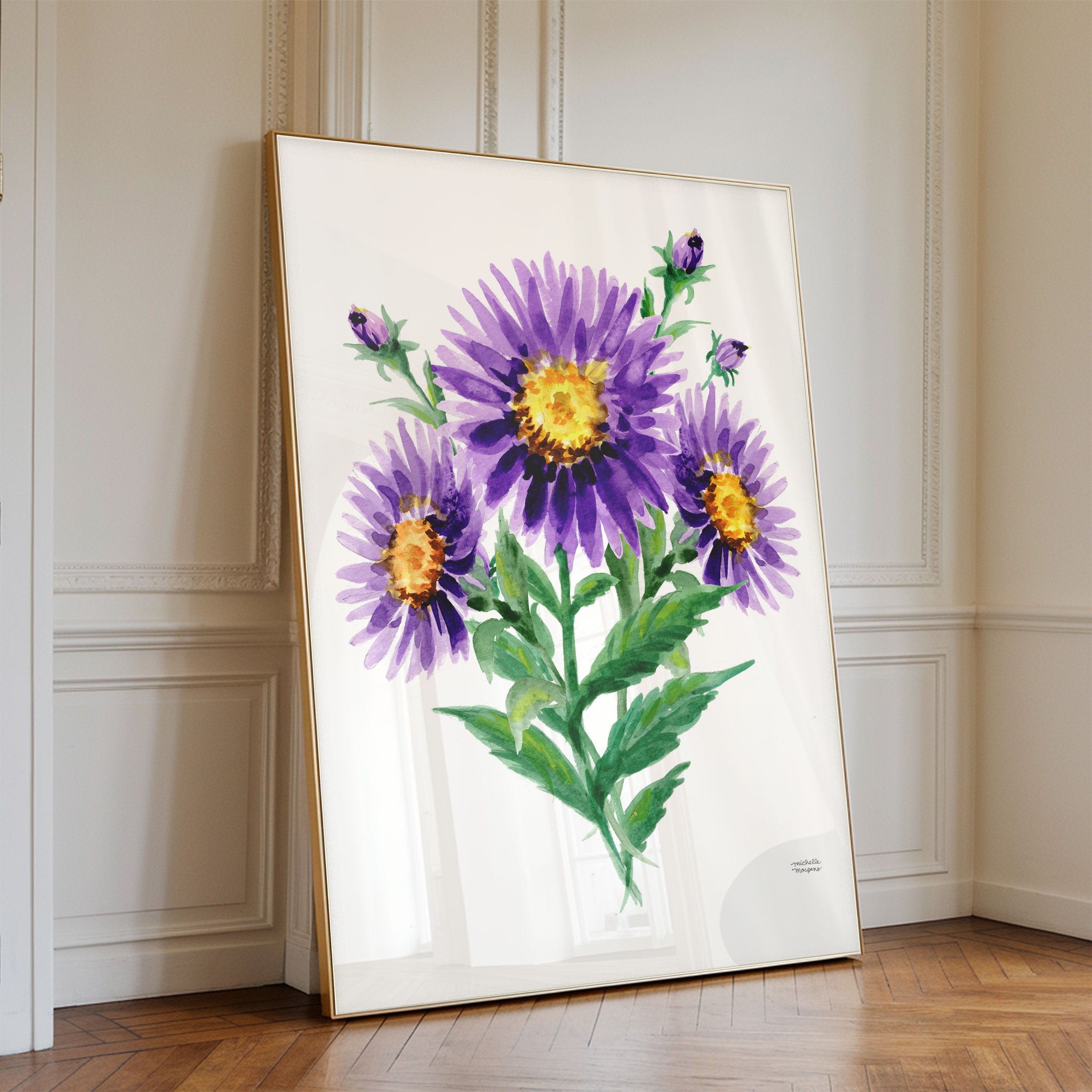 Purple Aster Flowers Botanical Floral Watercolor Wall Art Print by Michelle Mospens