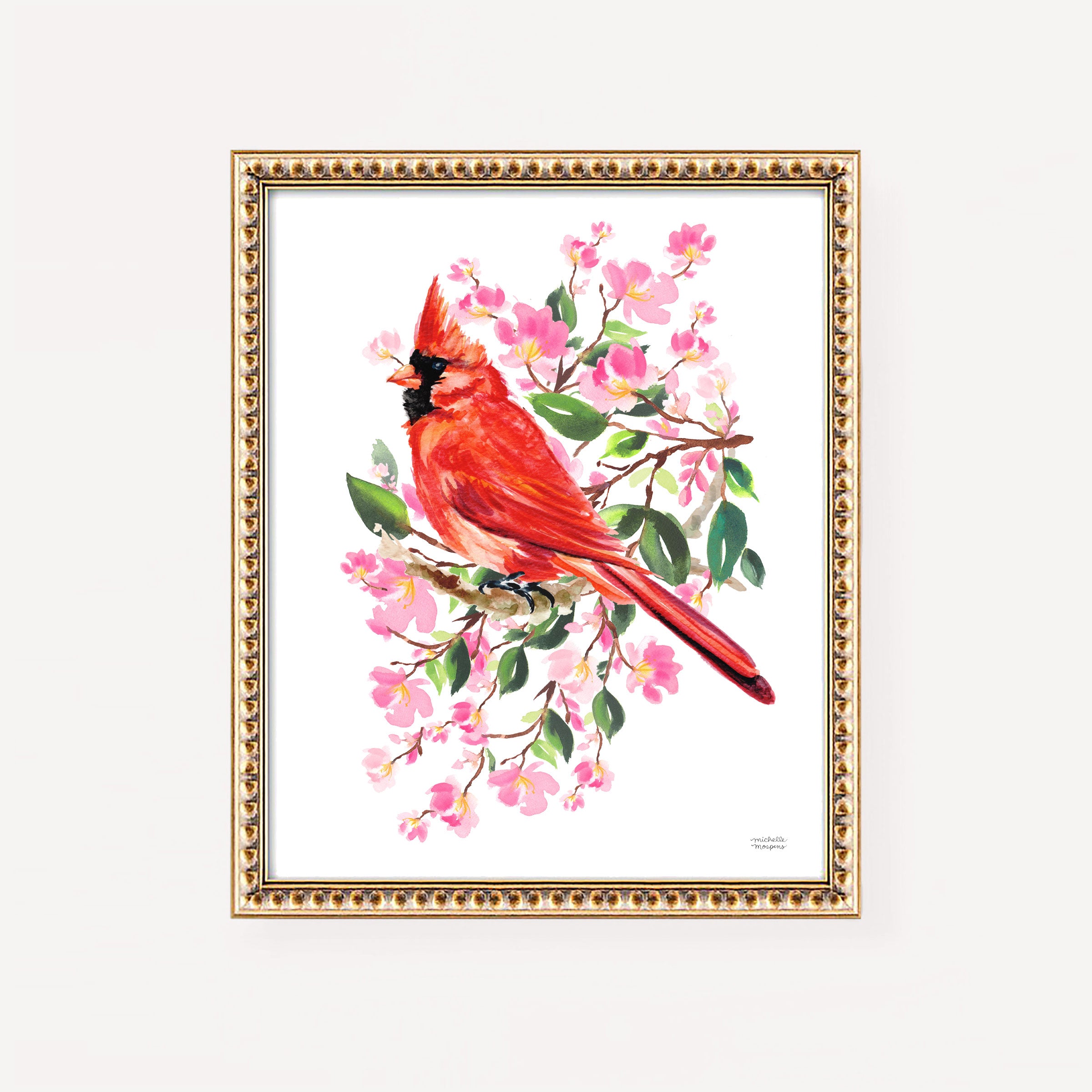 Watercolor Red Cardinal Bird Wall Art Print | Michelle Mospens