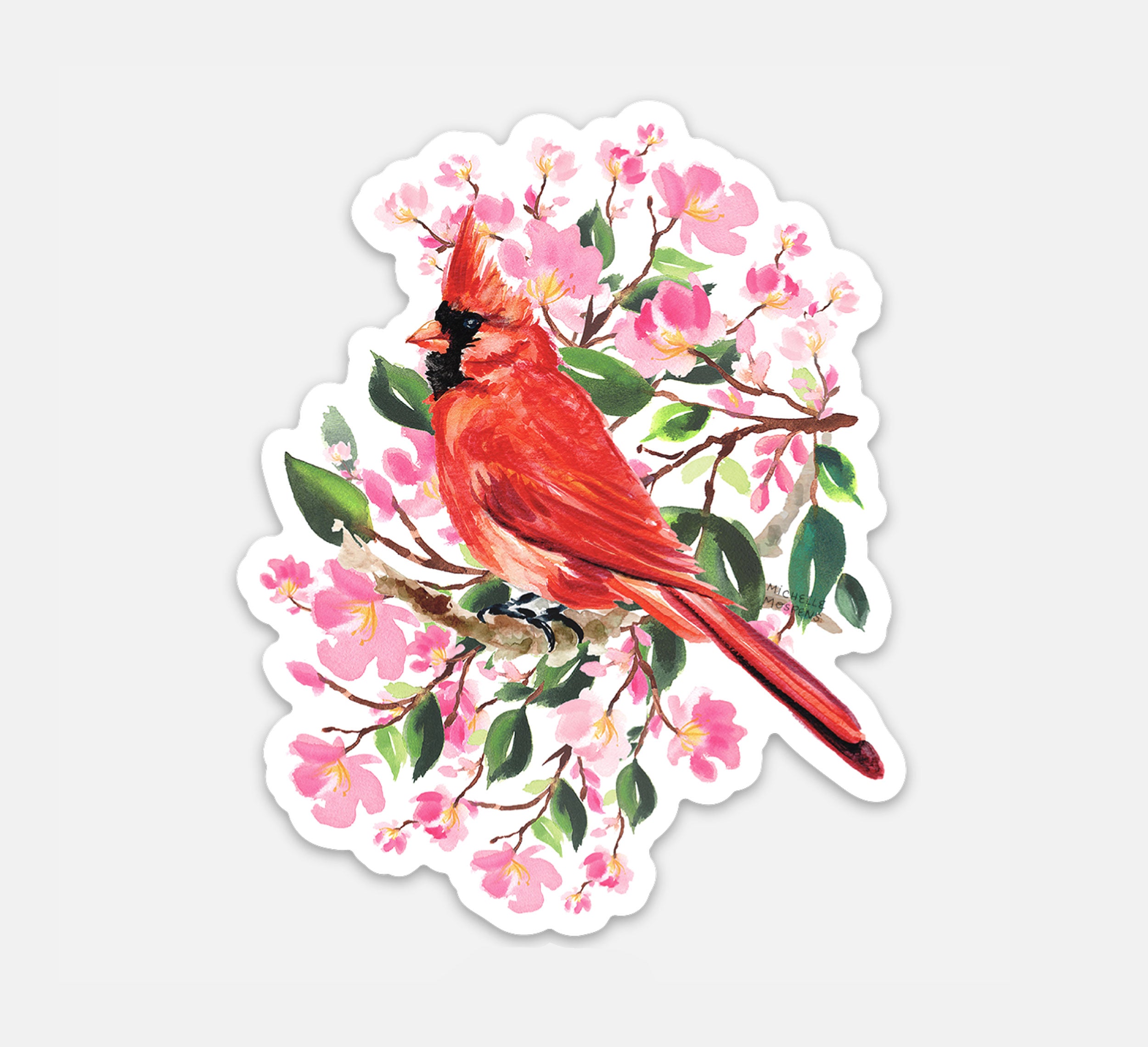 Red Cardinal Bird in Cherry Blossoms Watercolor Illustrated Die-cut Sticker