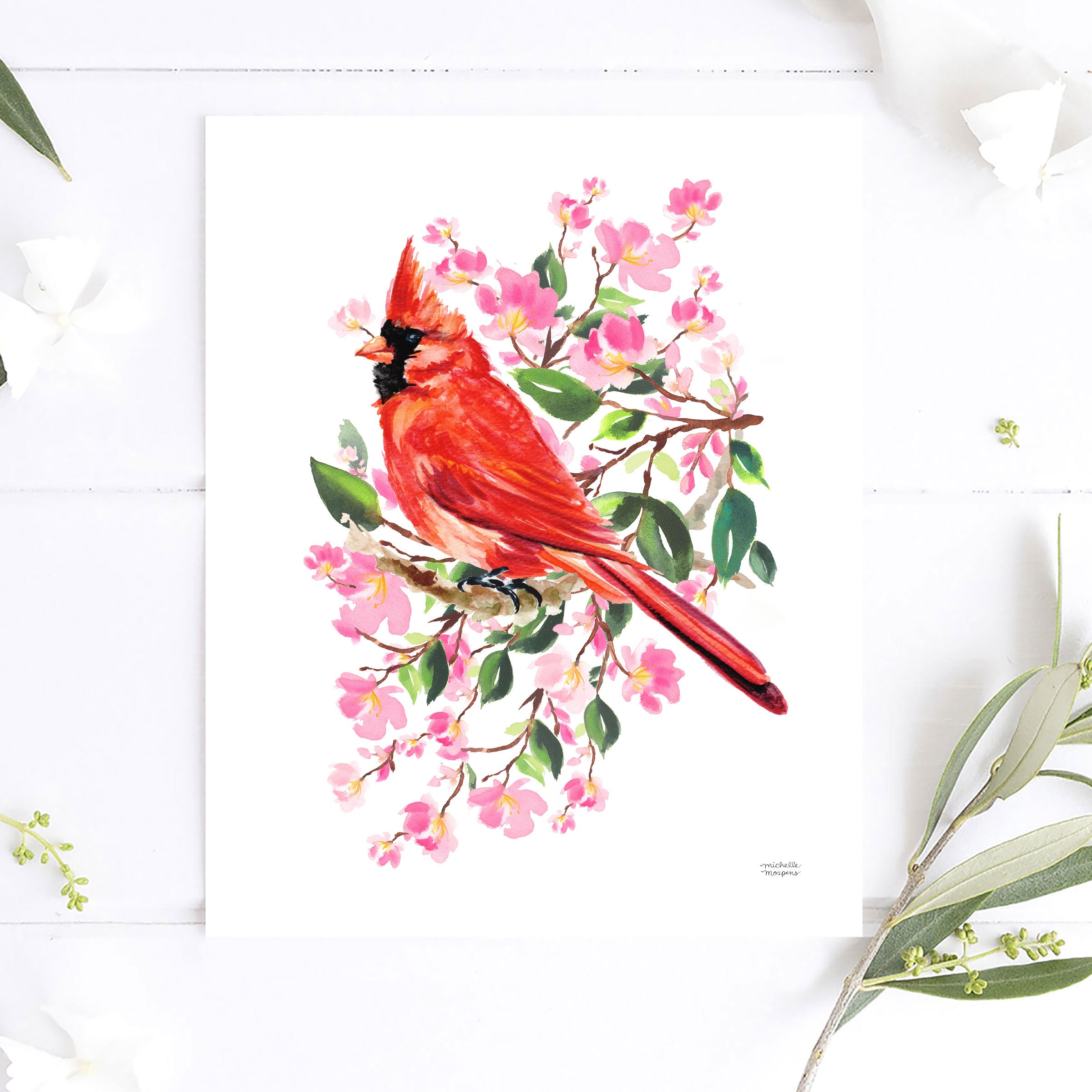 Watercolor Red Cardinal Bird Wall Art Print | Michelle Mospens