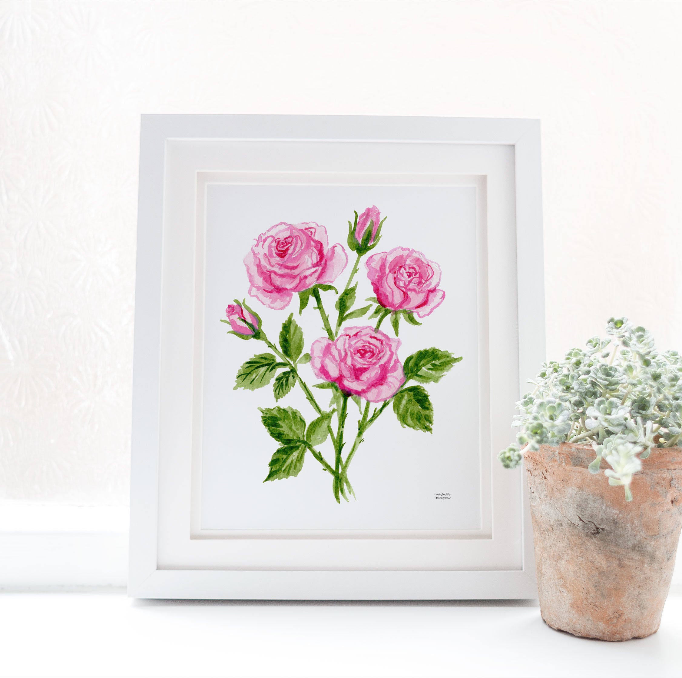 Pink Roses Flowers Botanical Floral Watercolor Wall Art Print by Michelle Mospens