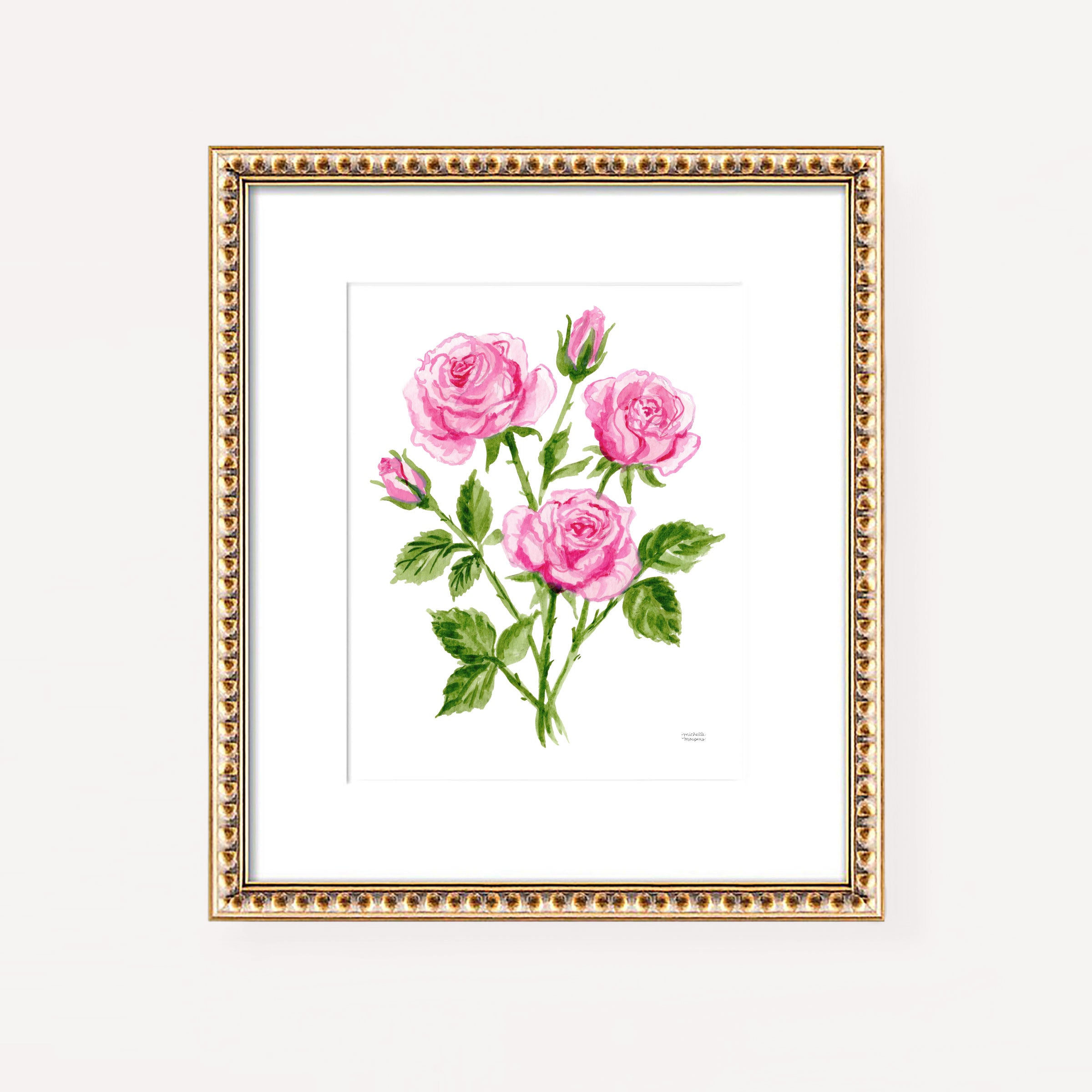 Pink Roses Flowers Botanical Floral Watercolor Wall Art Print by Michelle Mospens