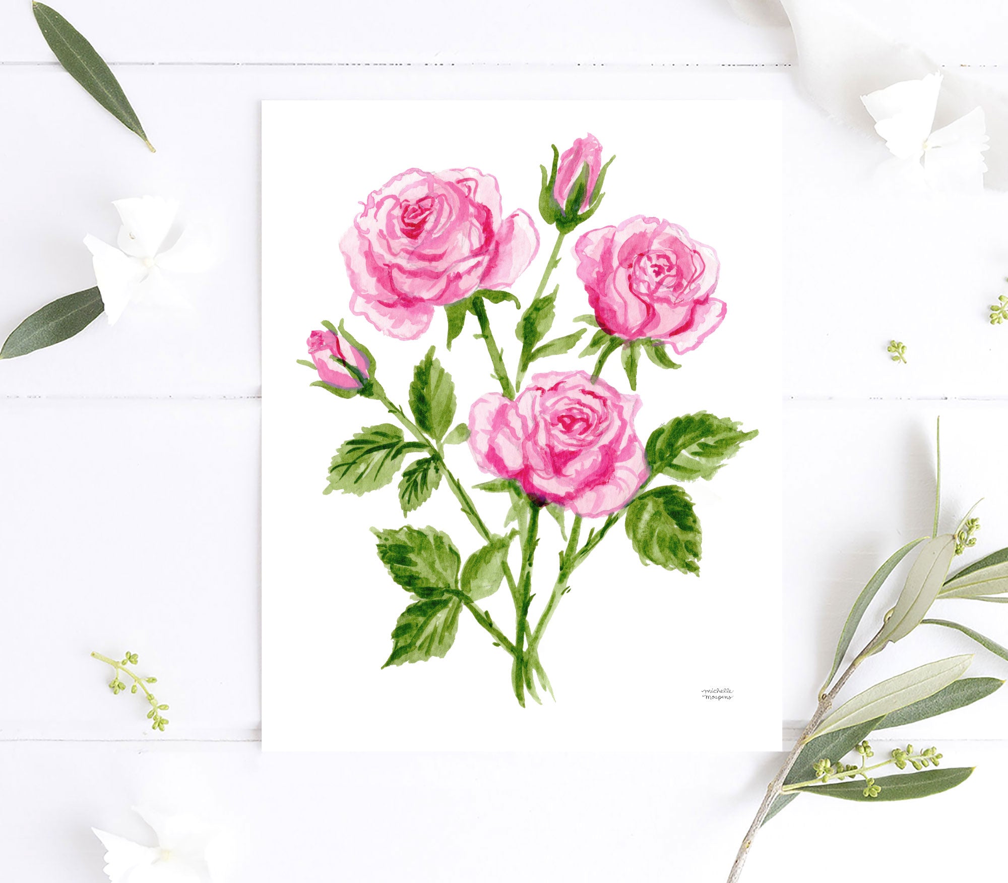 Pink Roses Flowers Botanical Floral Watercolor Wall Art Print by Michelle Mospens