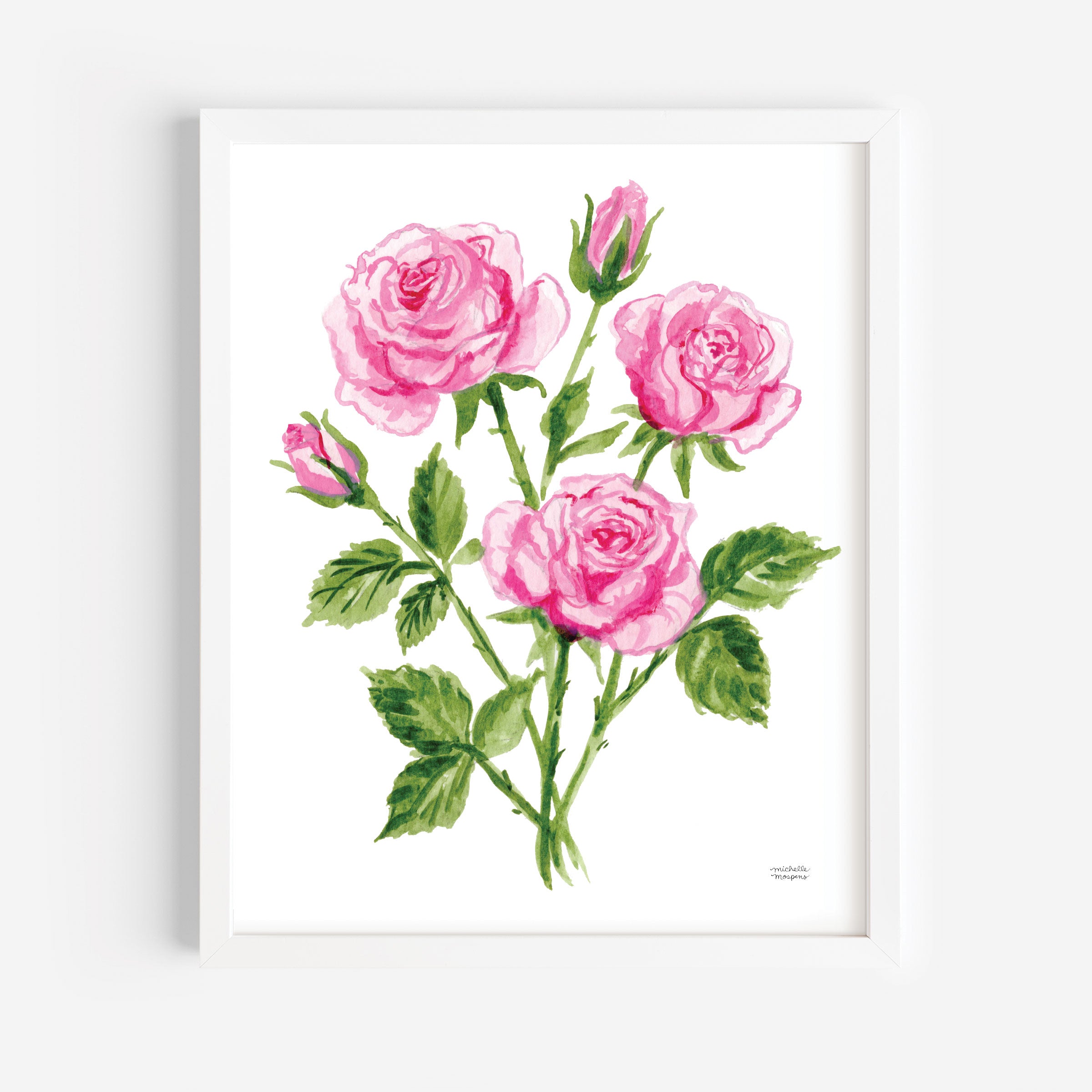 Pink Roses Flowers Botanical Floral Watercolor Wall Art Print by Michelle Mospens