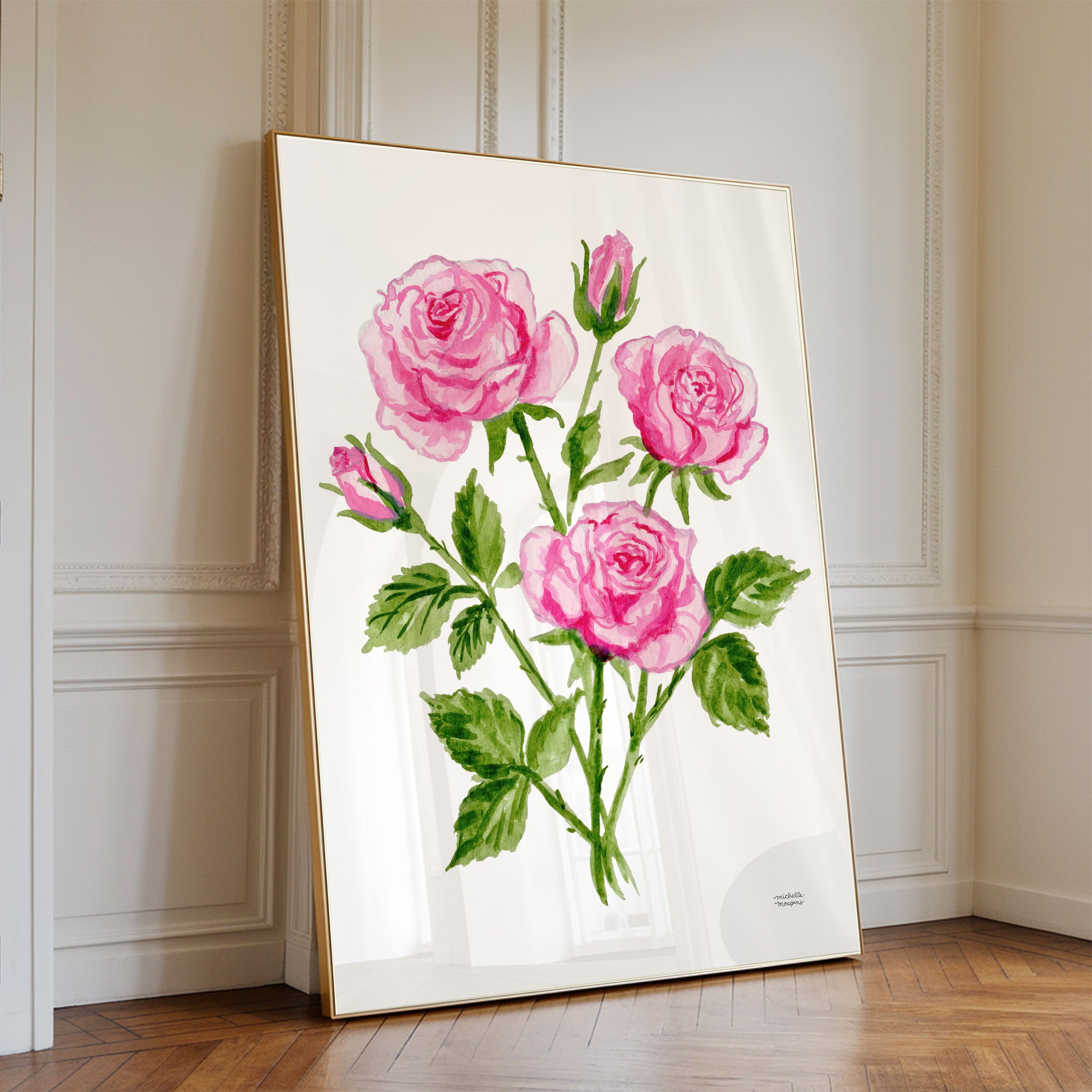 Pink Roses Flowers Botanical Floral Watercolor Wall Art Print by Michelle Mospens