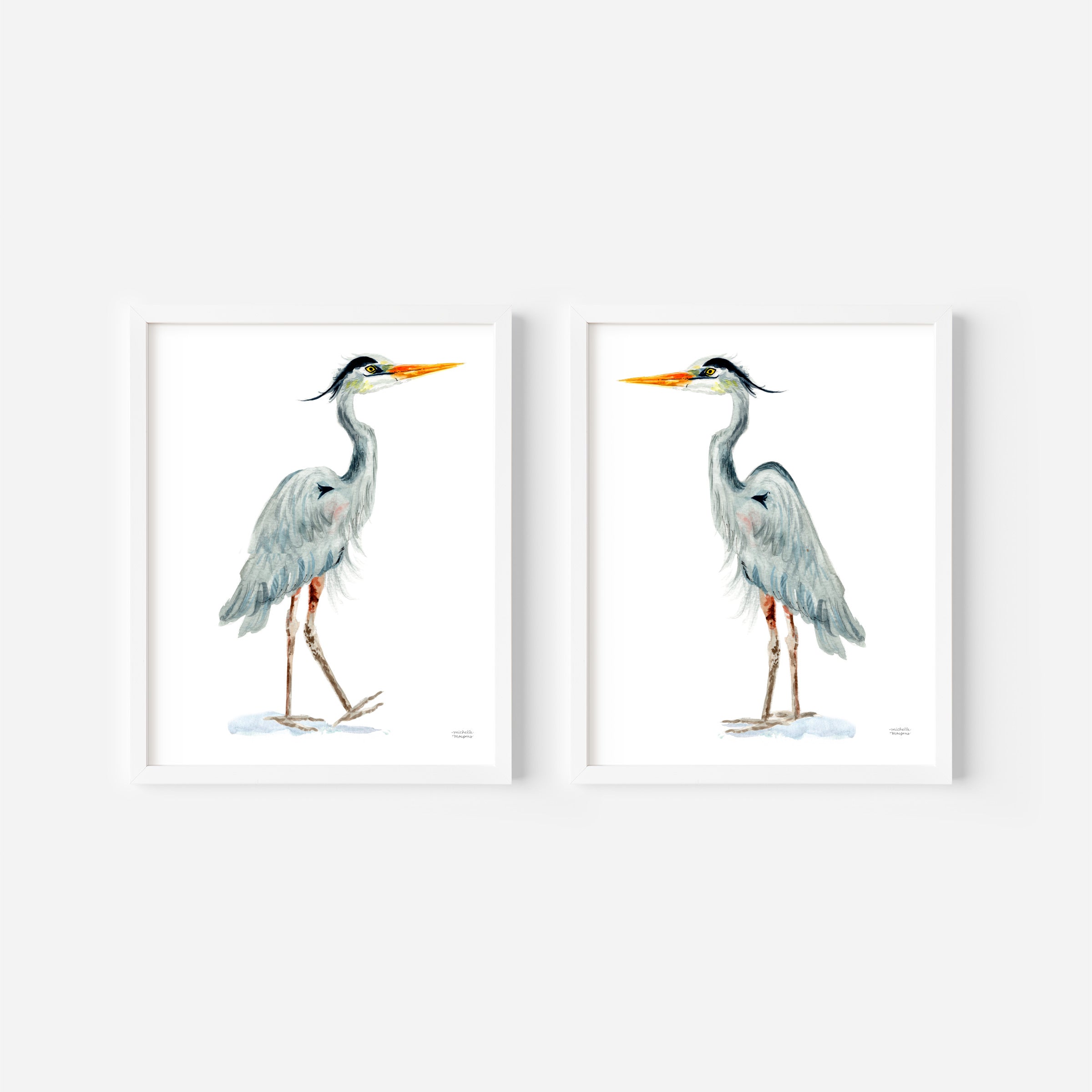 Great Blue Heron Sea Birds Watercolor Extra Large Wall Art Prints Set of 2 by Michelle Mospens