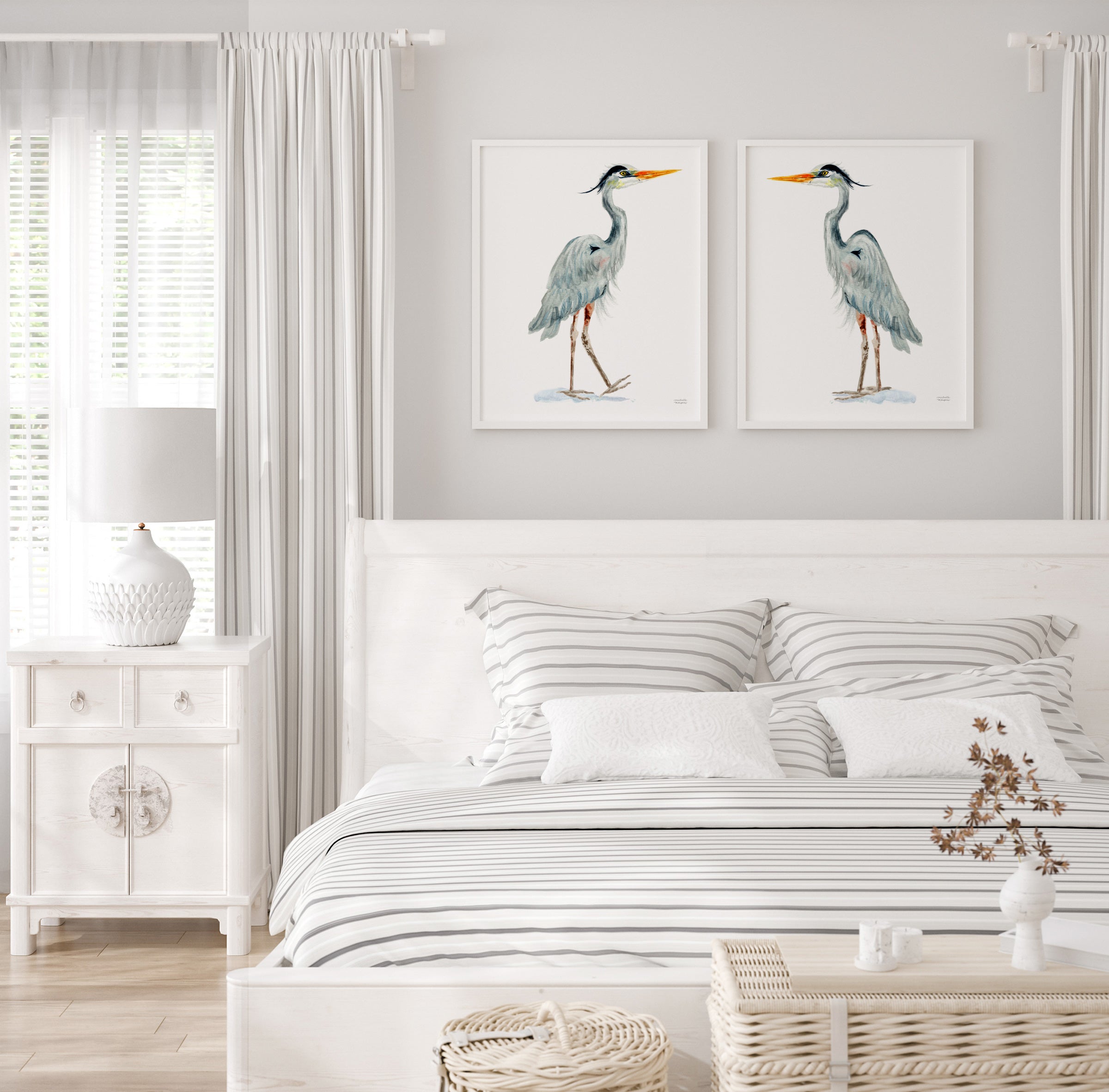 Great Blue Heron Sea Birds Watercolor Extra Large Wall Art Prints Set of 2 by Michelle Mospens