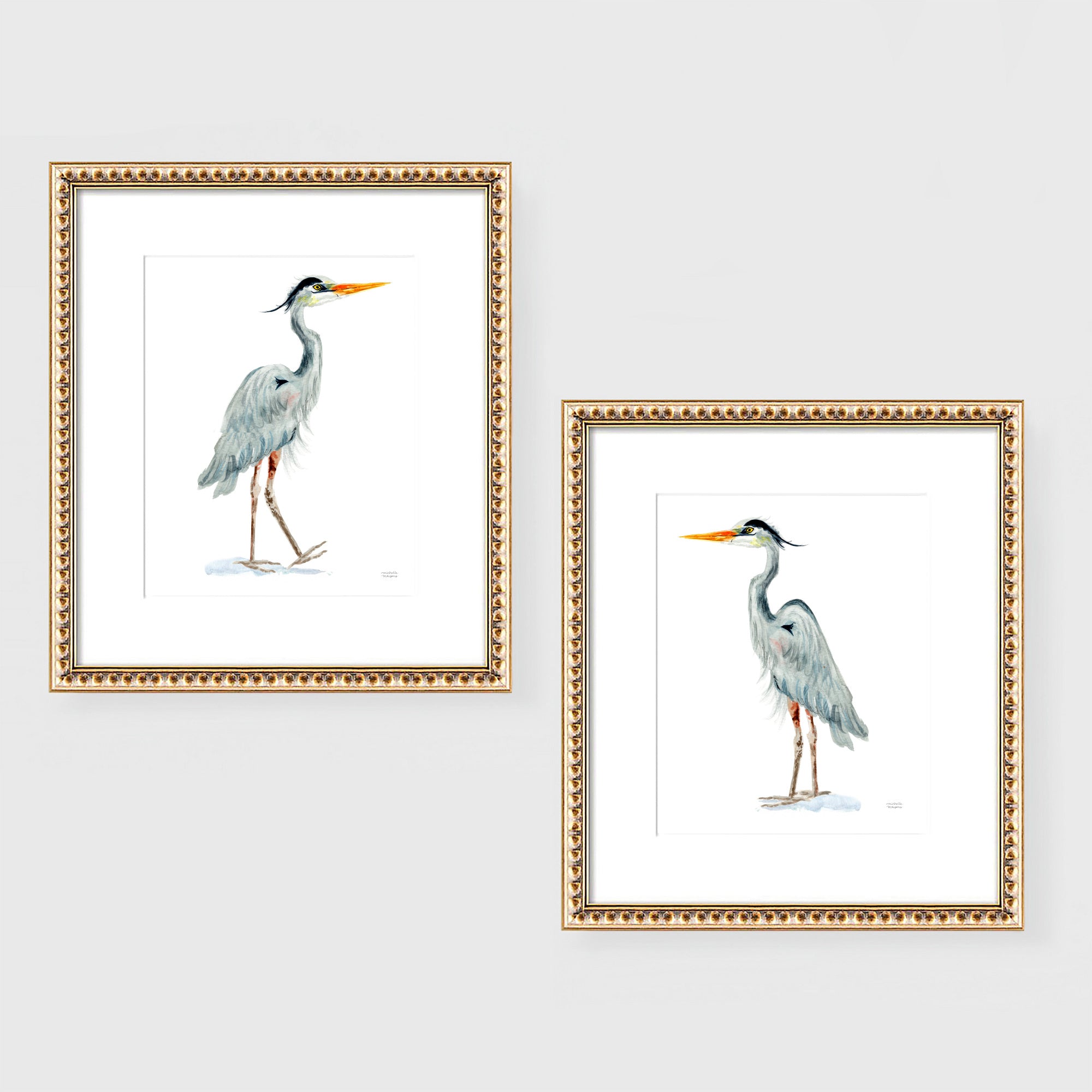 Great Blue Heron Sea Birds Watercolor Extra Large Wall Art Prints Set of 2 by Michelle Mospens