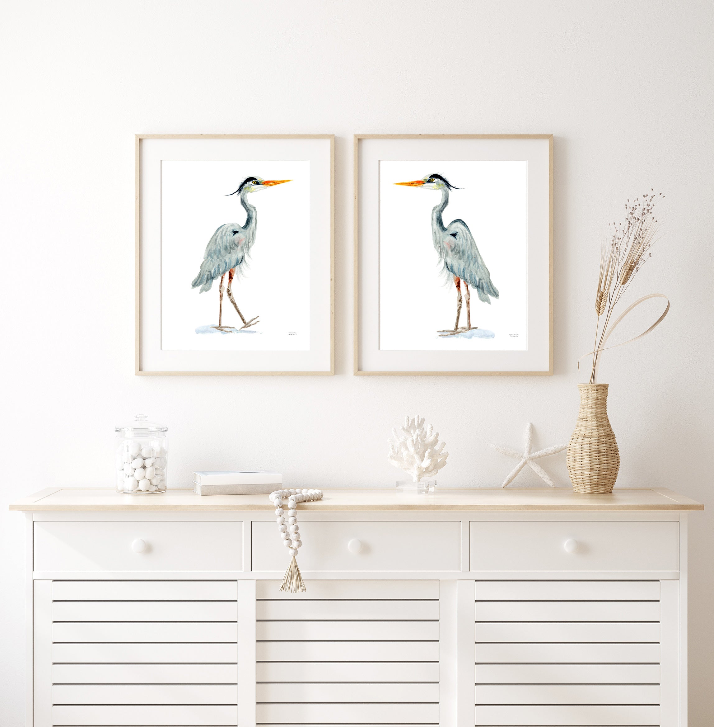Great Blue Heron Sea Birds Watercolor Extra Large Wall Art Prints Set of 2 by Michelle Mospens