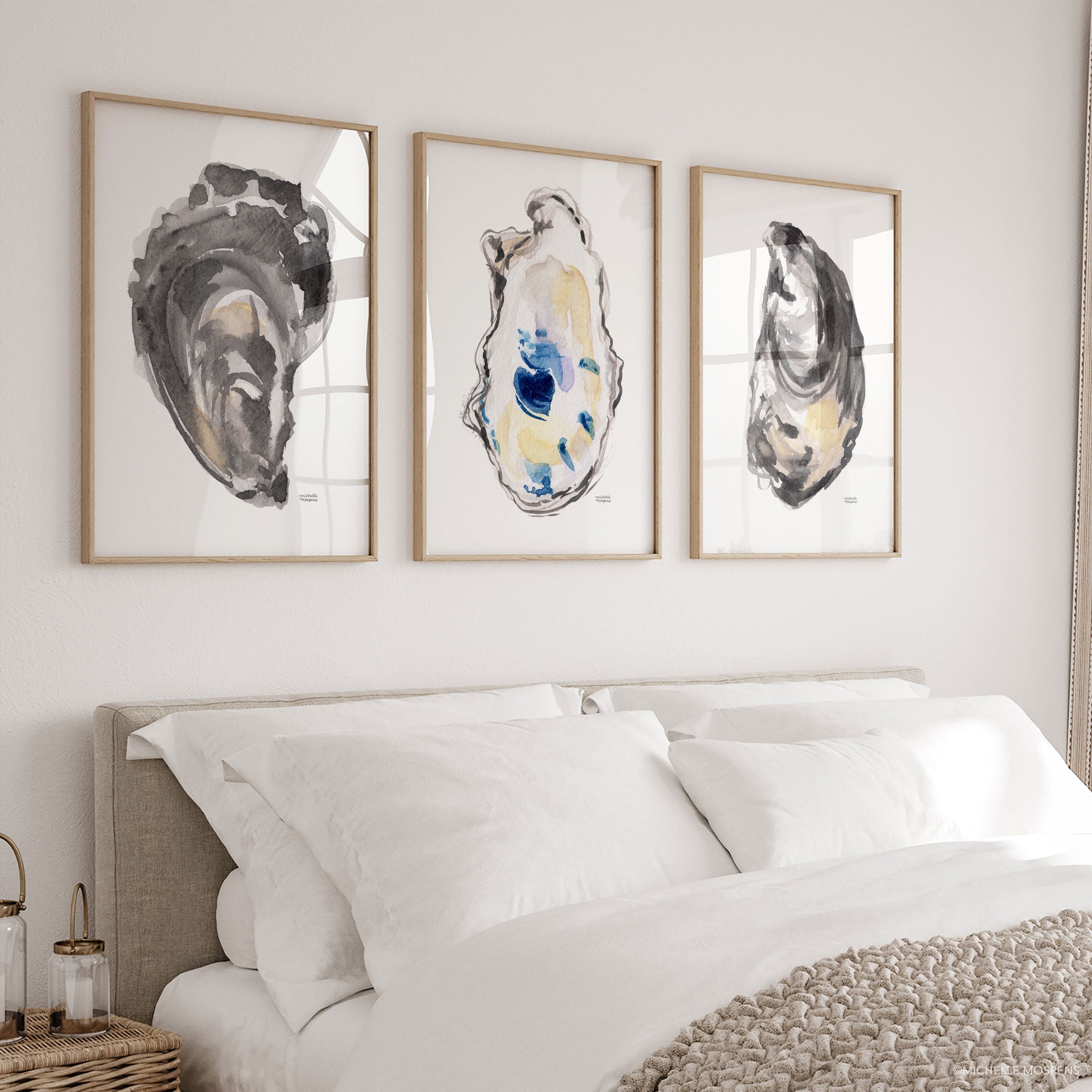 Oyster Shells Watercolor Extra Large Wall Art Prints 3 Piece by Michelle Mospens