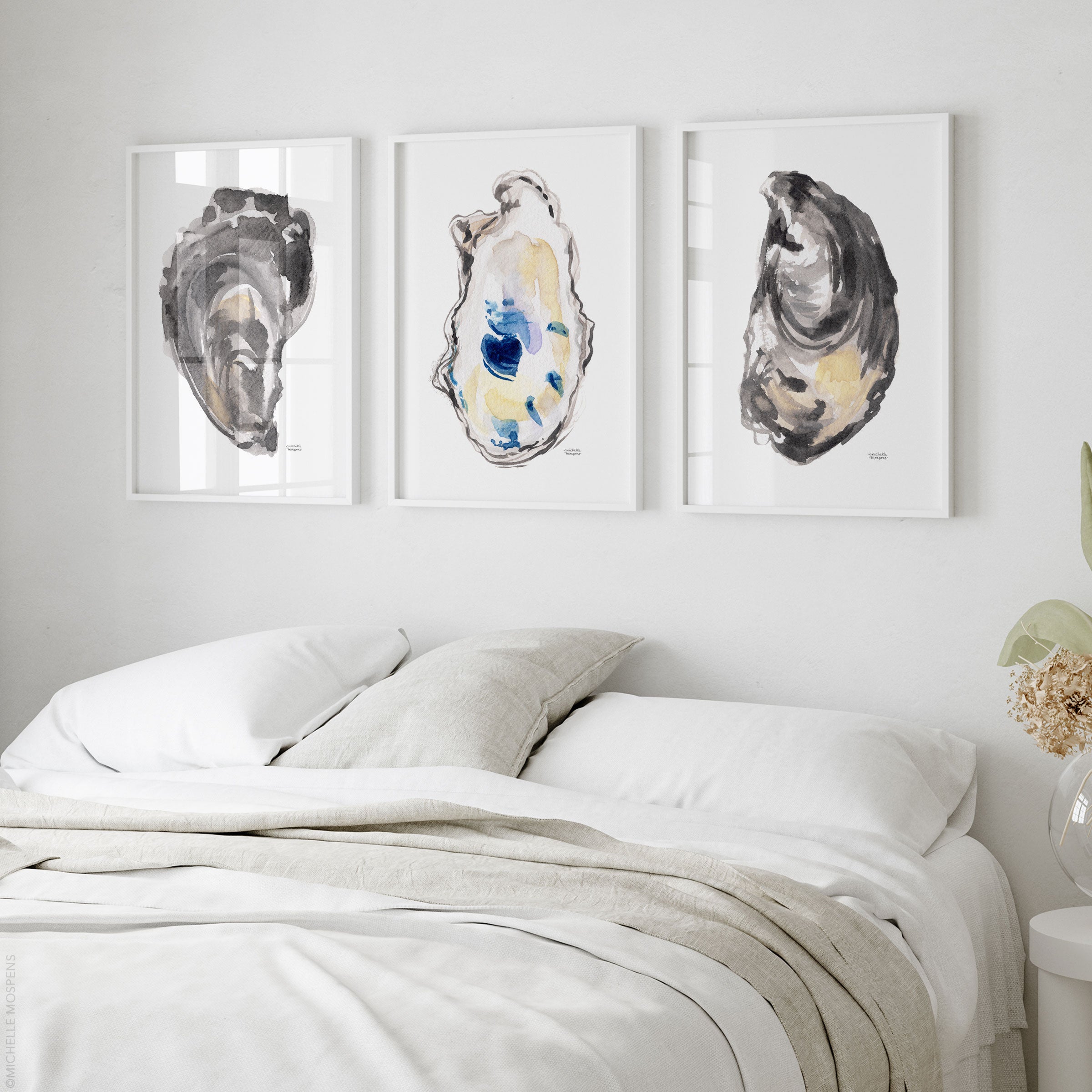 Oyster Shells Watercolor Extra Large Wall Art Prints 3 Piece by Michelle Mospens