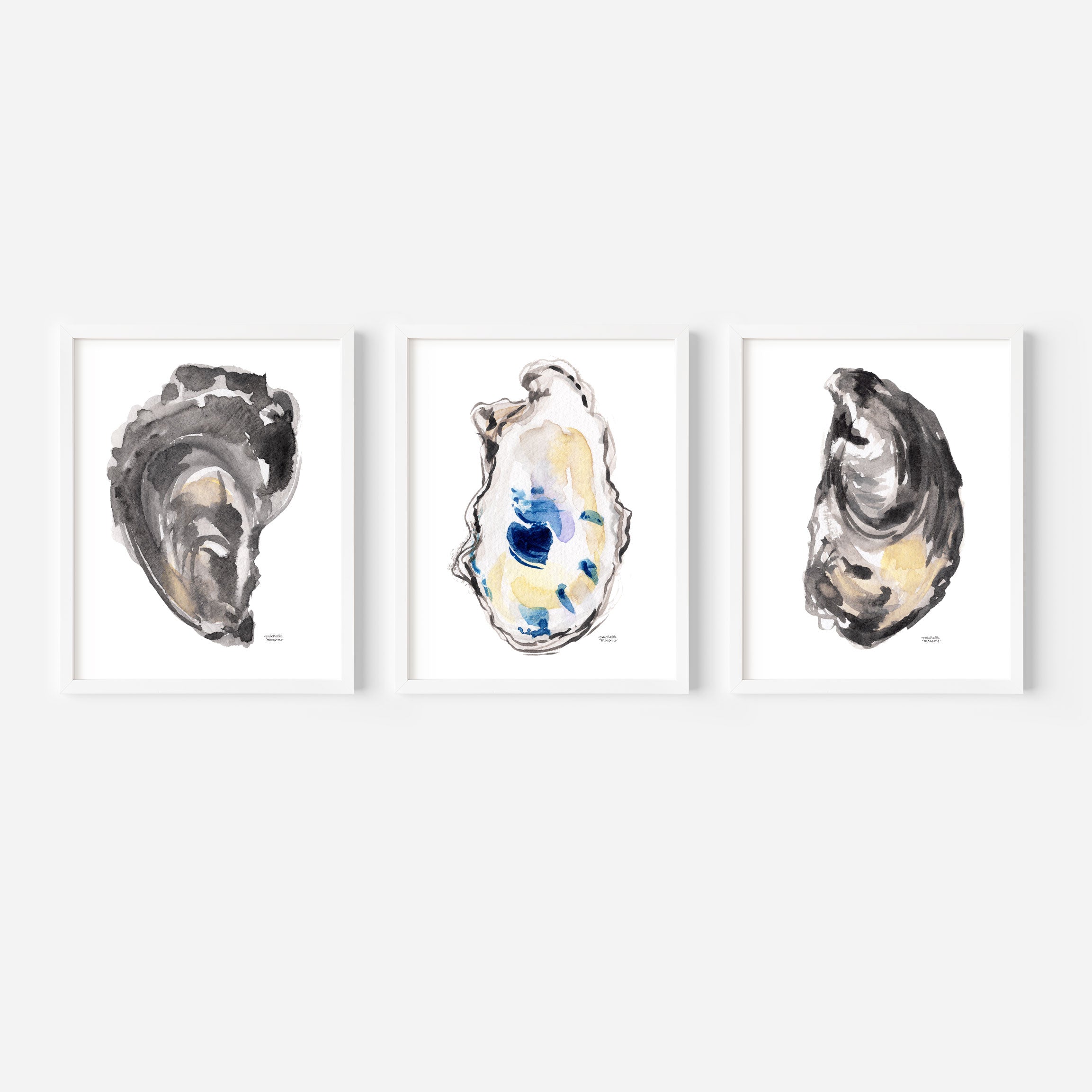 Oyster Shells Watercolor Extra Large Wall Art Prints 3 Piece by Michelle Mospens