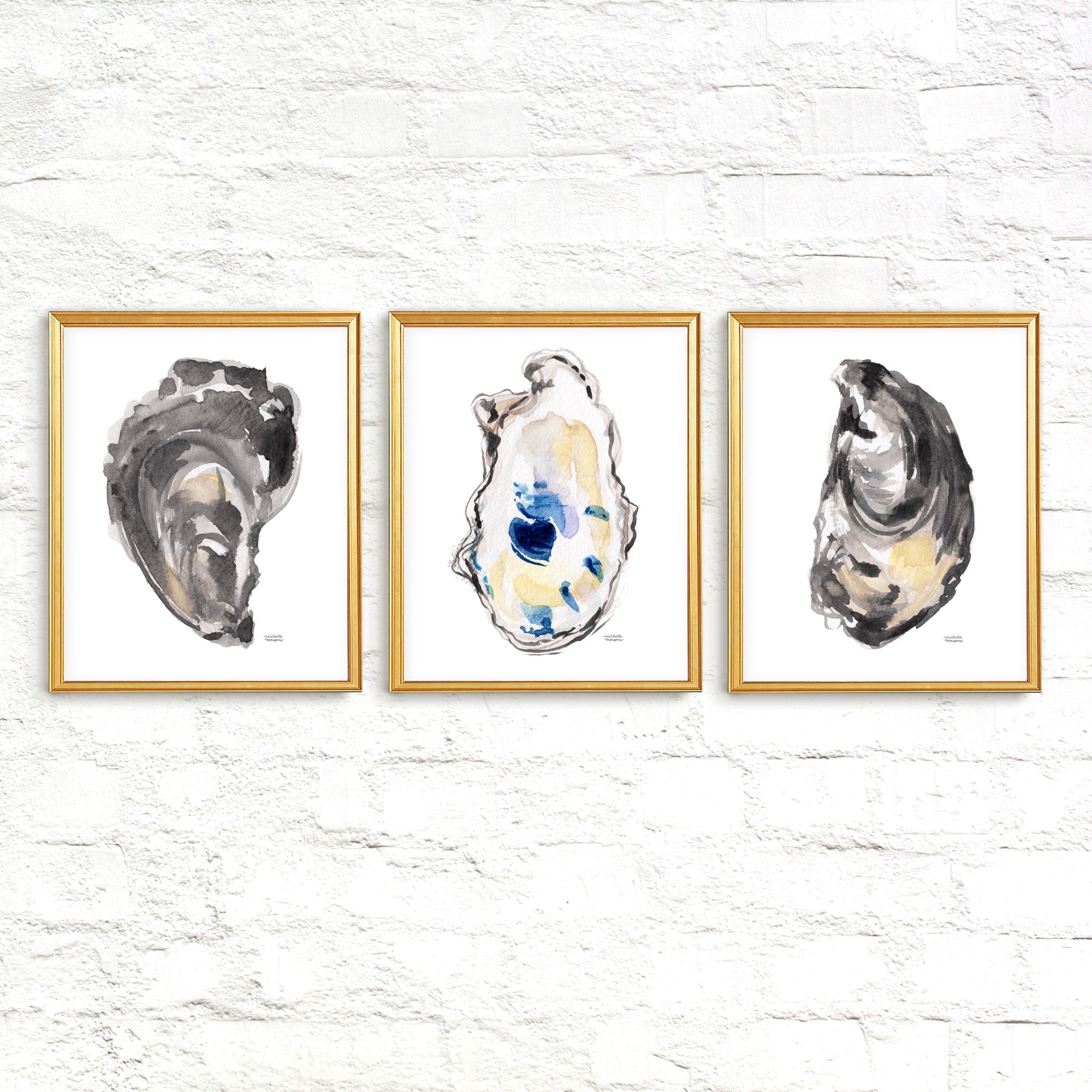 Oyster Shells Watercolor Extra Large Wall Art Prints 3 Piece by Michelle Mospens