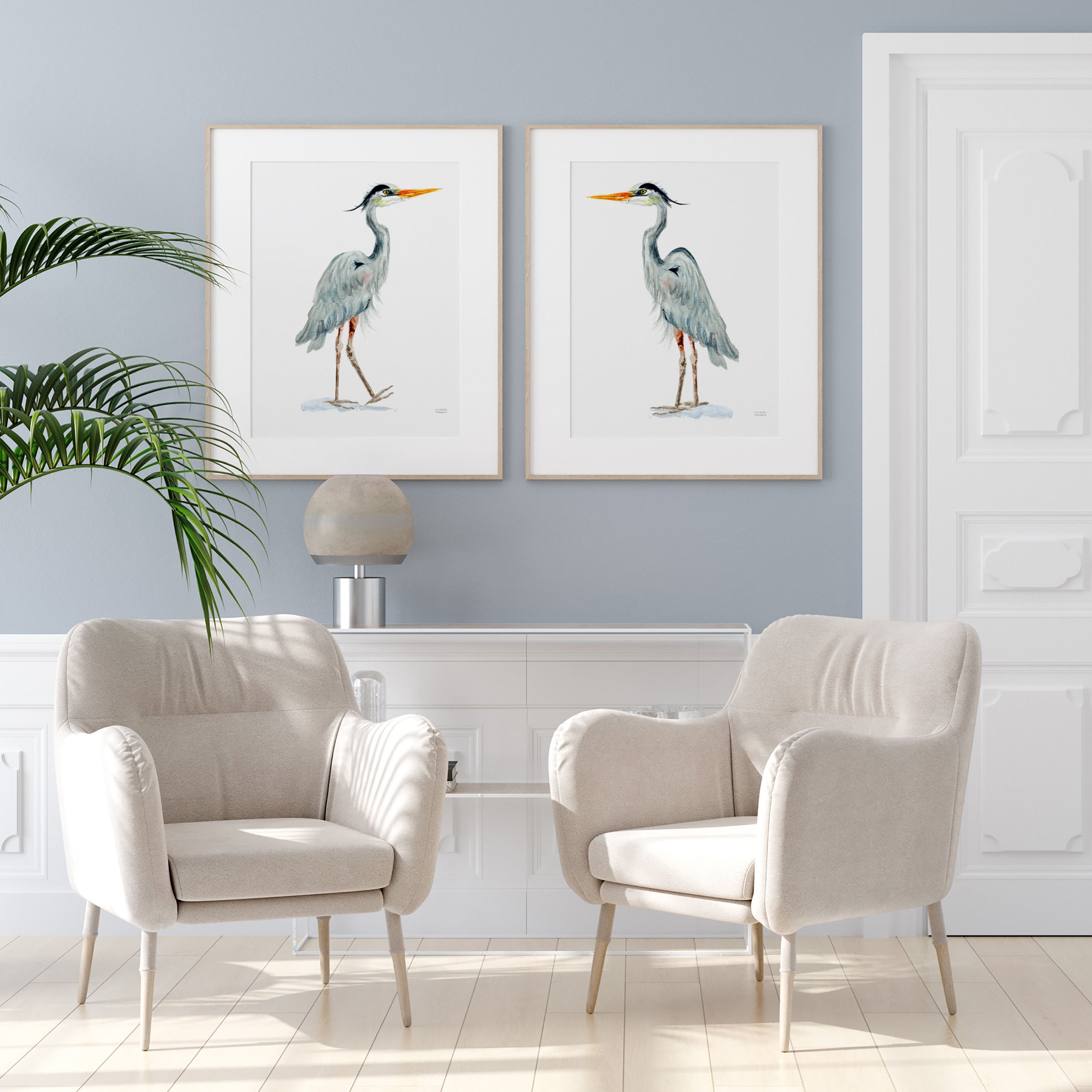 Great Blue Heron Sea Birds Watercolor Extra Large Wall Art Prints Set of 2 by Michelle Mospens