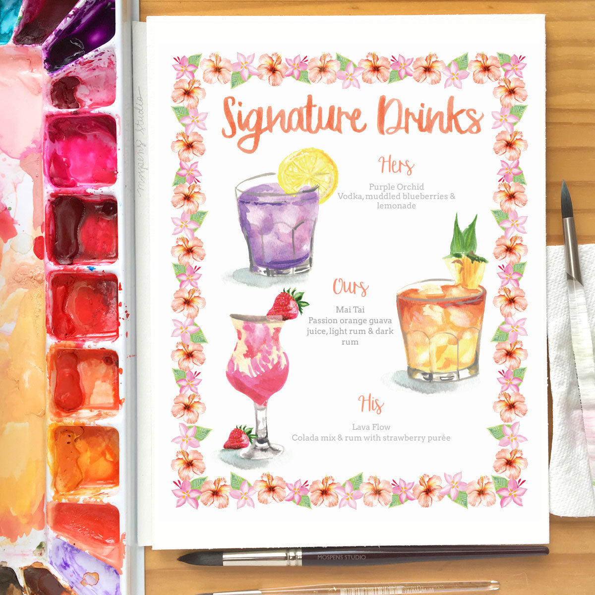 Custom Hand-painted Signature Drinks Illustration | Cocktail Sign for Home Bar or Wedding Reception