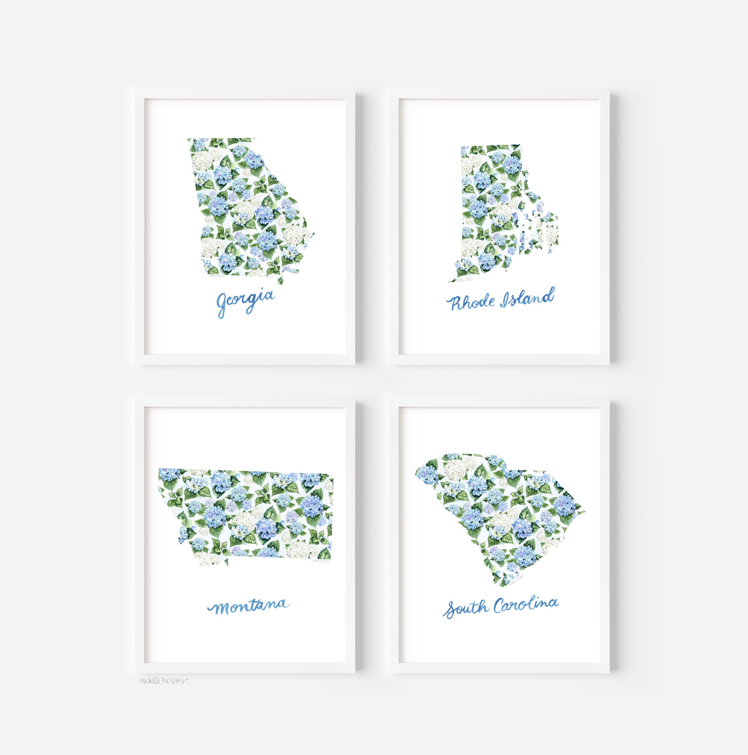 Watercolor United States Wall Art Print Set of 4 Unframed | Watercolor Hydrangea Pattern