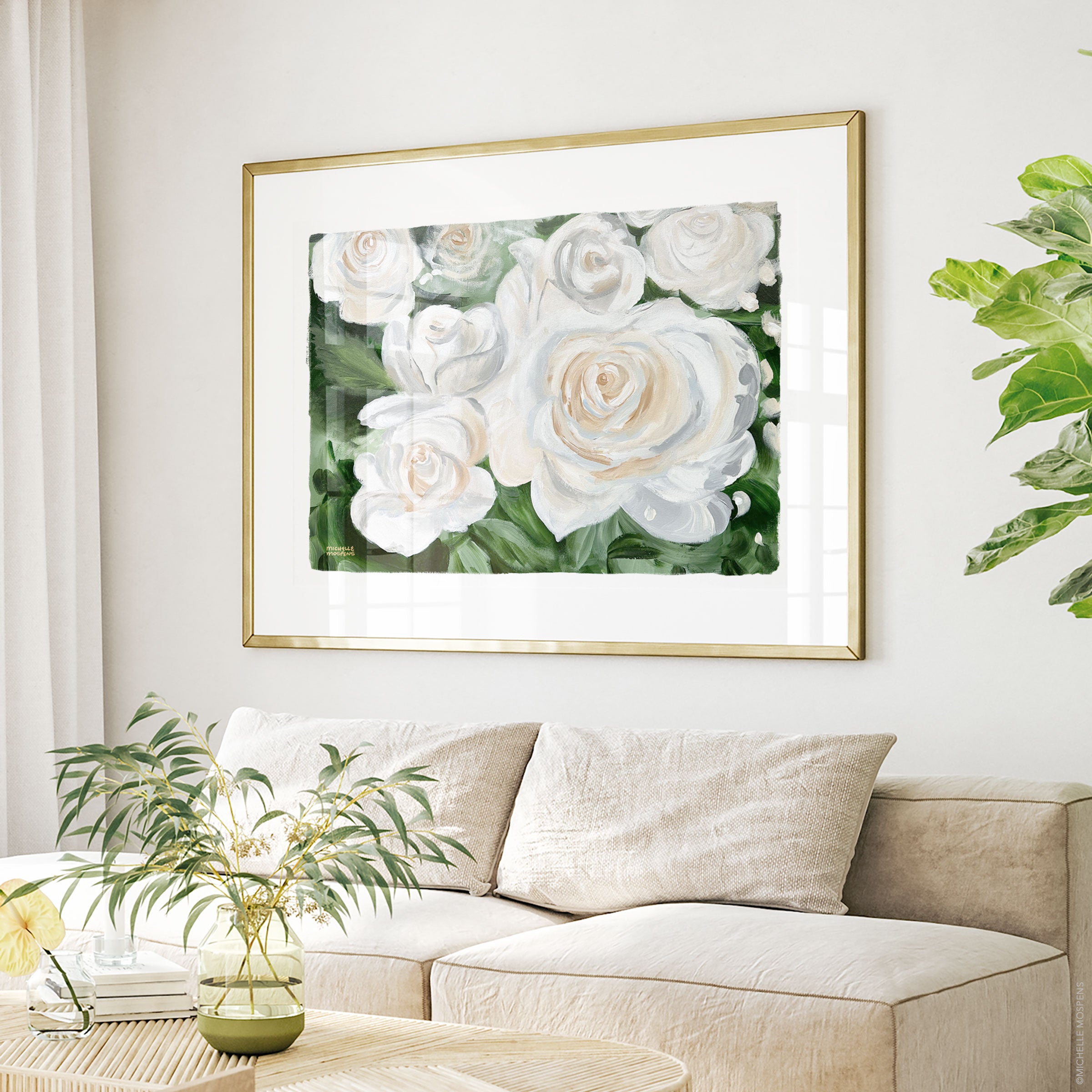 Summer Lover White Roses Painting Wall Art Print by Michelle Mospens