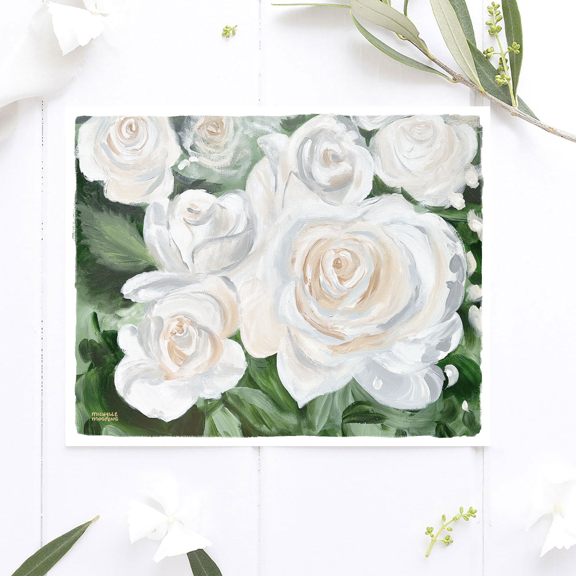 Summer Lover White Roses Painting Wall Art Print by Michelle Mospens