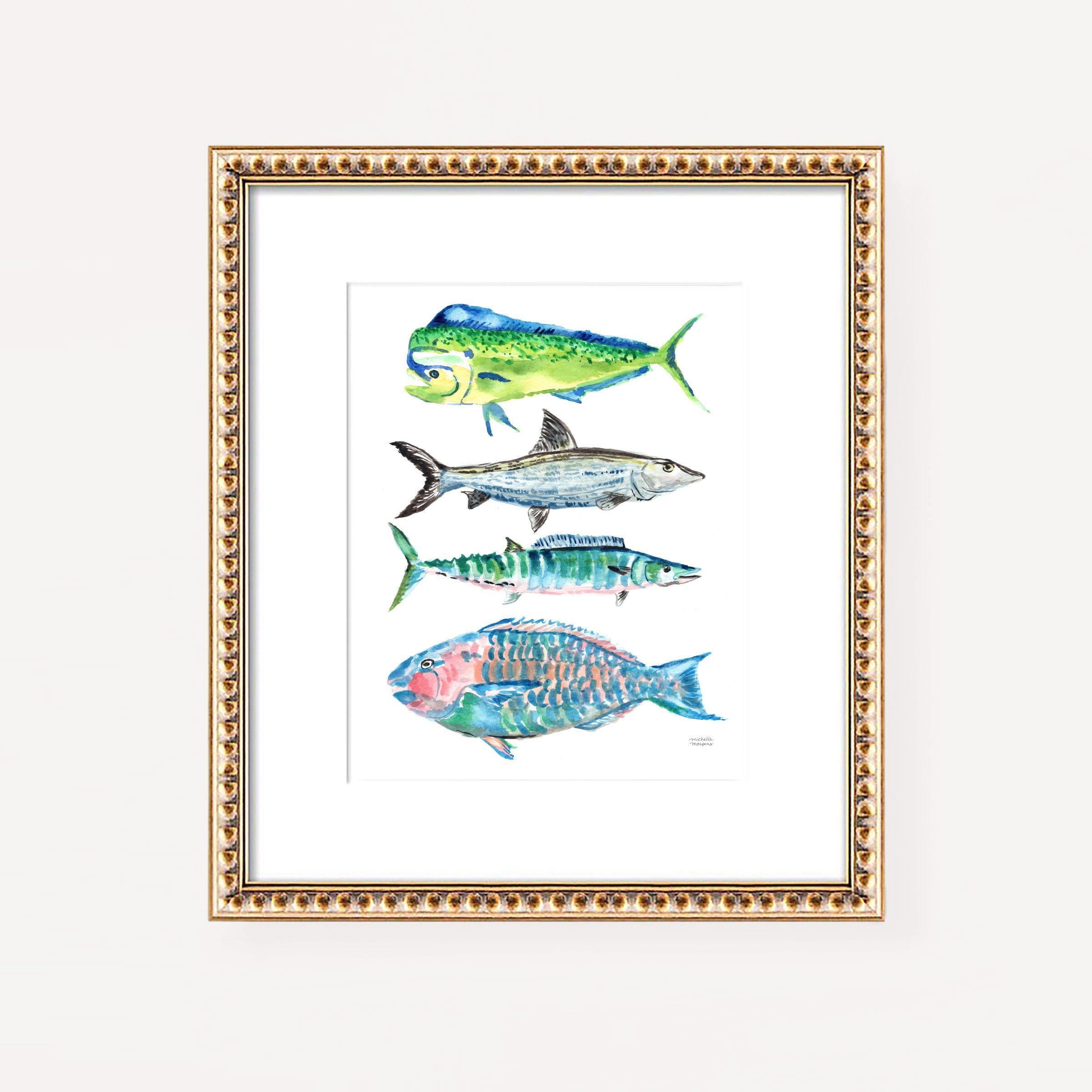 Tropical Ocean Fish Wall Art Print Saltwater Fish Watercolor Bonefish Parrot Mahi Mahi Wahoo Fish - Michelle Mospens