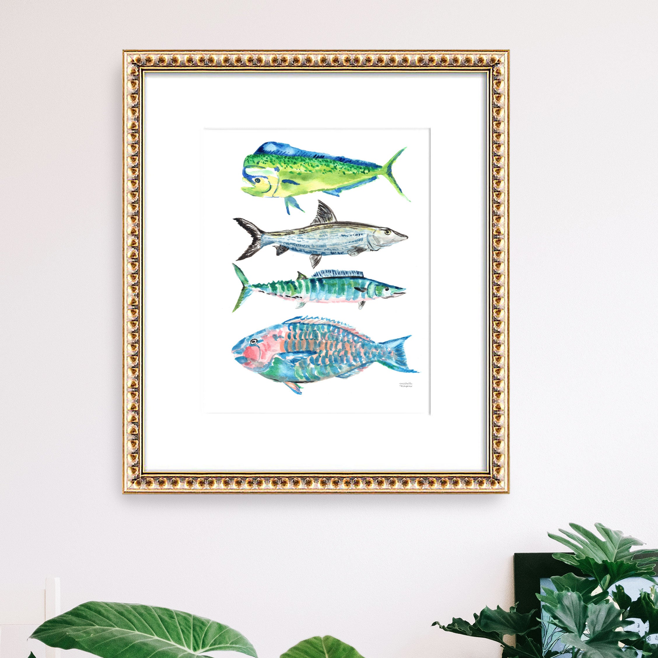 Tropical Ocean Fish Wall Art Print Saltwater Fish Watercolor Bonefish Parrot Mahi Mahi Wahoo Fish - Michelle Mospens