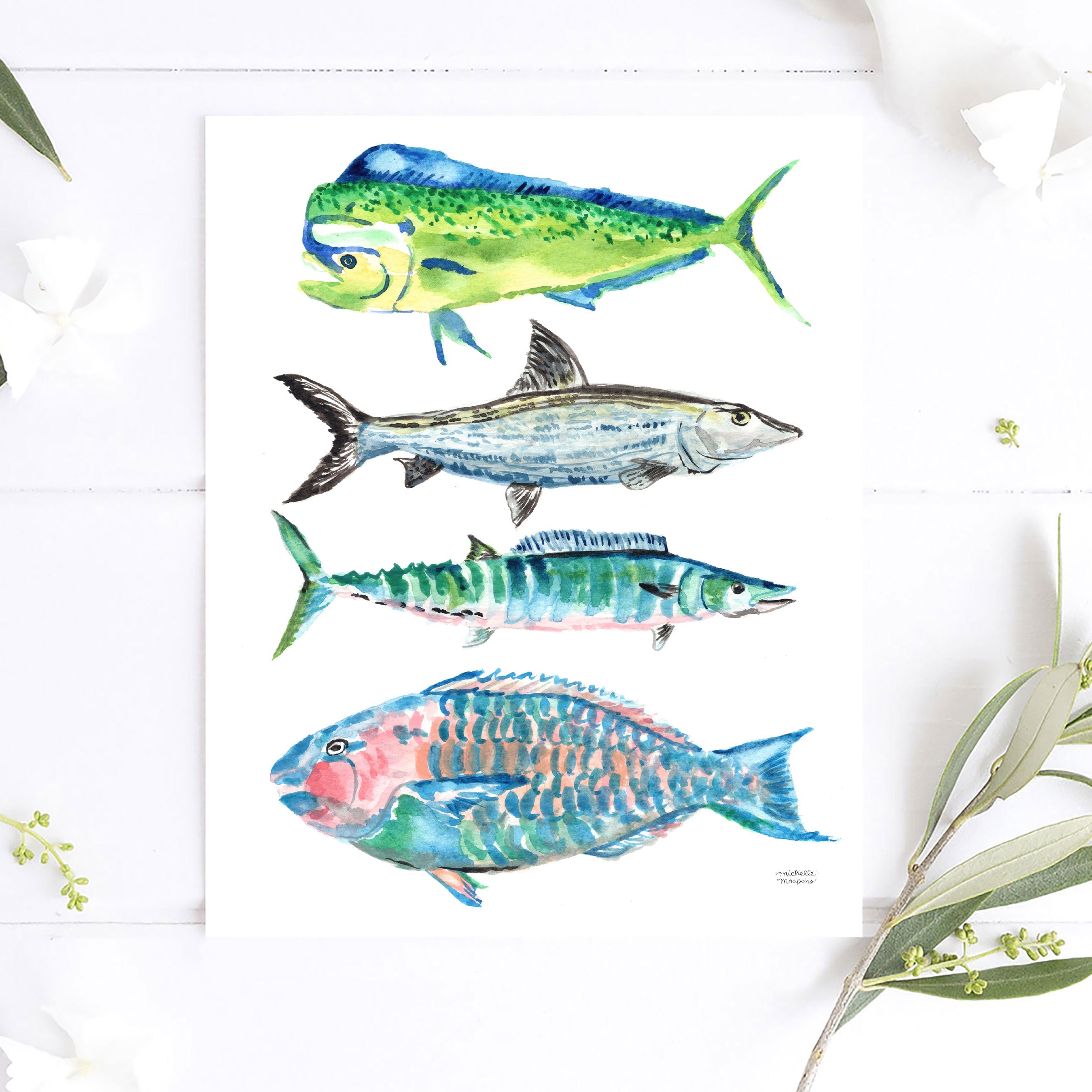 Tropical Ocean Fish Wall Art Print Saltwater Fish Watercolor Bonefish Parrot Mahi Mahi Wahoo Fish - Michelle Mospens