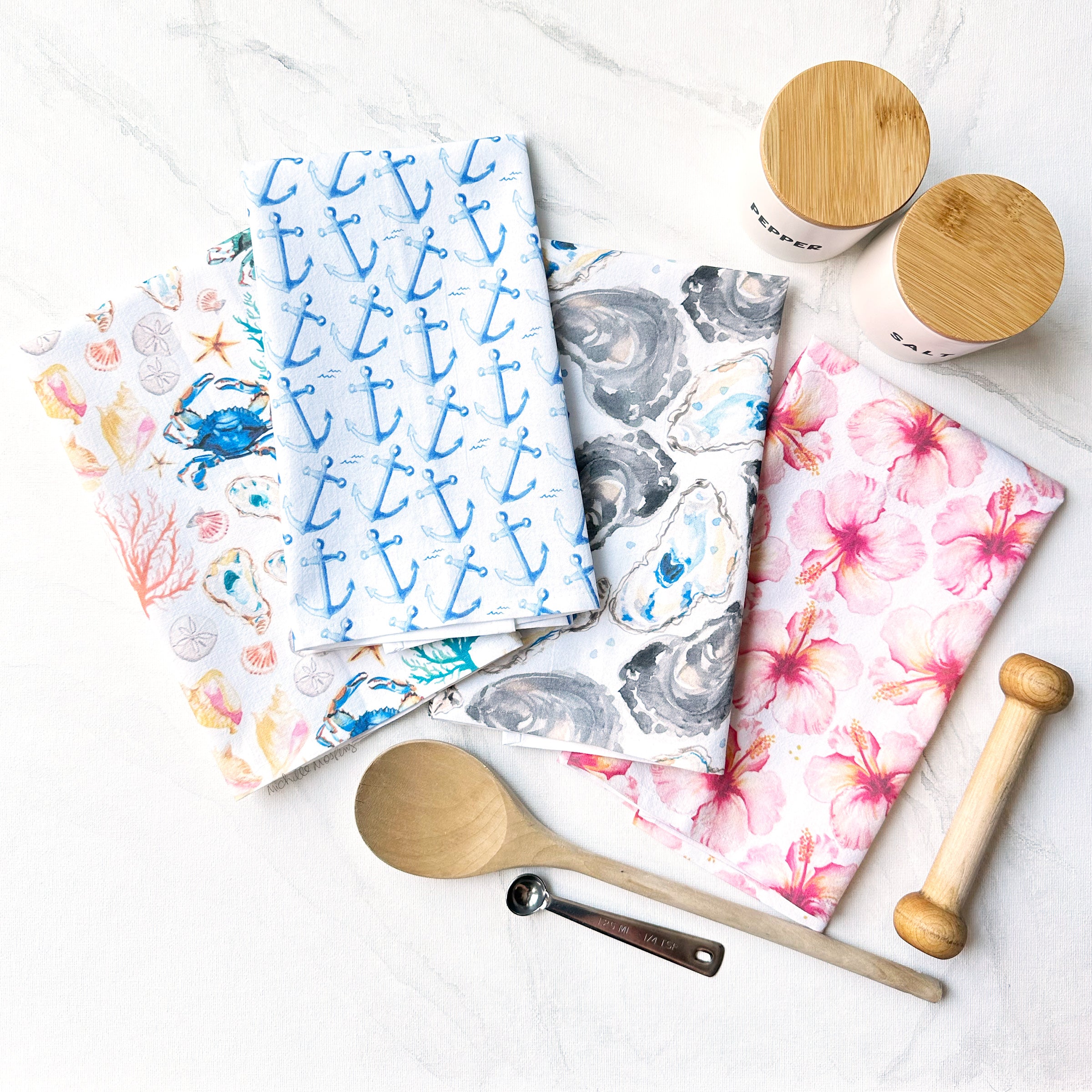 Tropical Pink Hibiscus Flower Watercolor Coastal Cotton Kitchen Tea Towel by Michelle Mospens