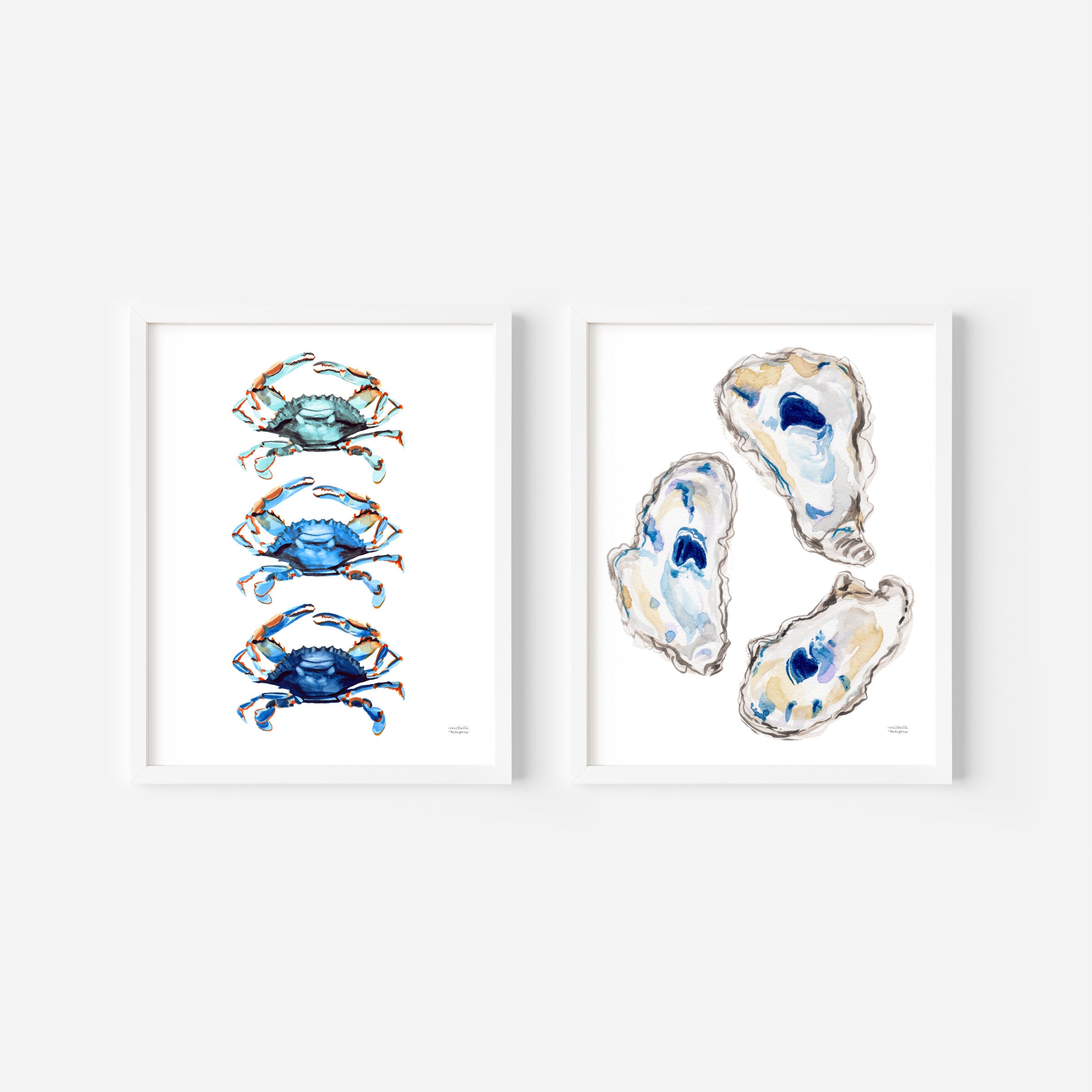 Coastal Wall Art Watercolor Prints Set of 2 | Oysters and Blue Crabs Artwork