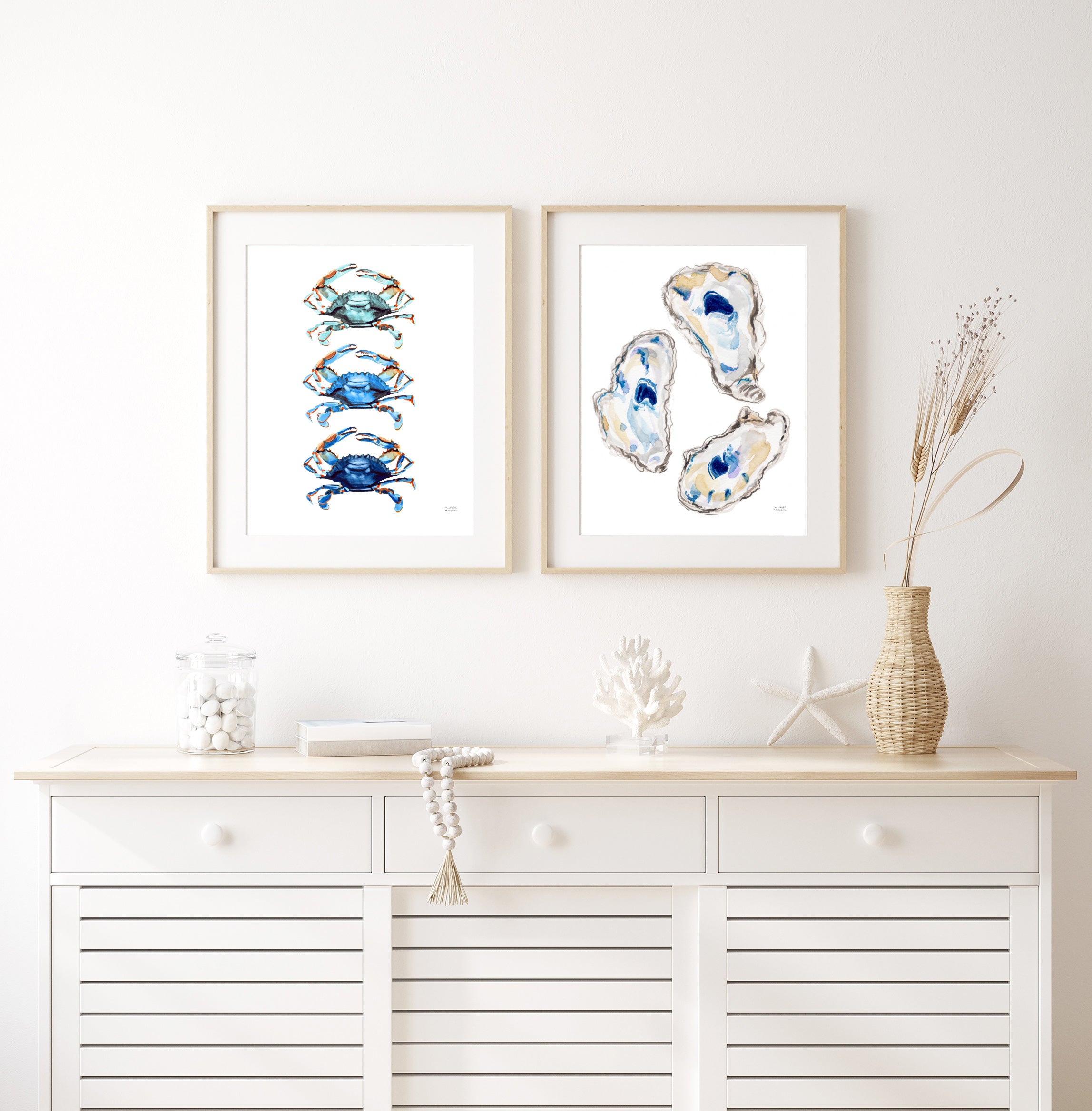 Coastal Wall Art Watercolor Prints Set of 2 | Oysters and Blue Crabs Artwork